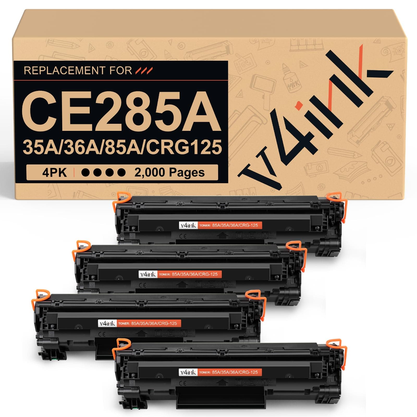 v4ink 4PK Compatible 85A Toner Cartridge Replacement for HP 85A CE285A 36A CB436A 35A CB435A Canon 125 Toner for HP Pro P1006 P1102 P1102W P1109w MFP M1212nf M1217nfw MF3010 LBP6030 LBP6030W Printer
