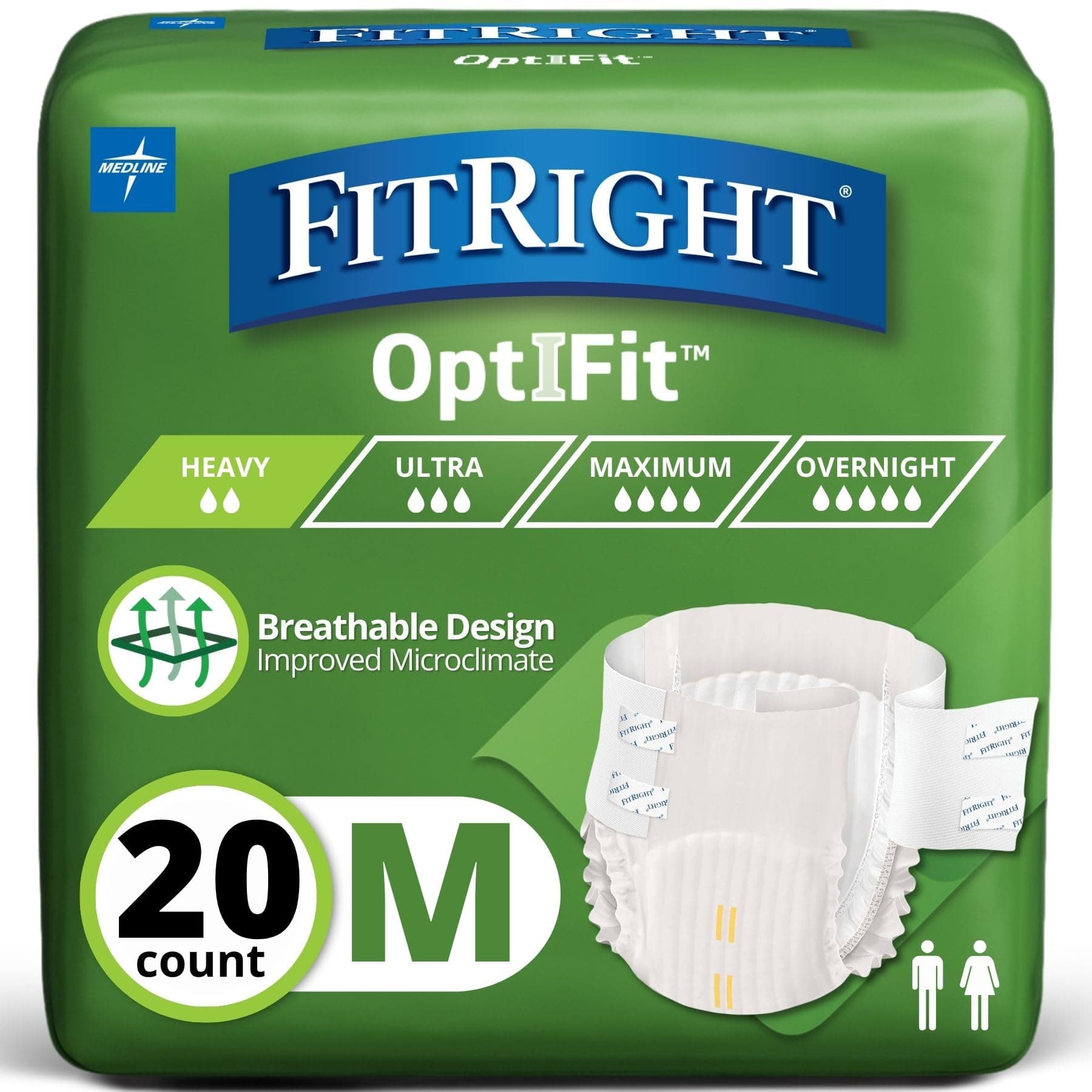FitRight OptiFit Extra Adult Briefs, Incontinence Diapers with Tabs, Heavy Absorbency, Medium, 32 to 44", 20 Count