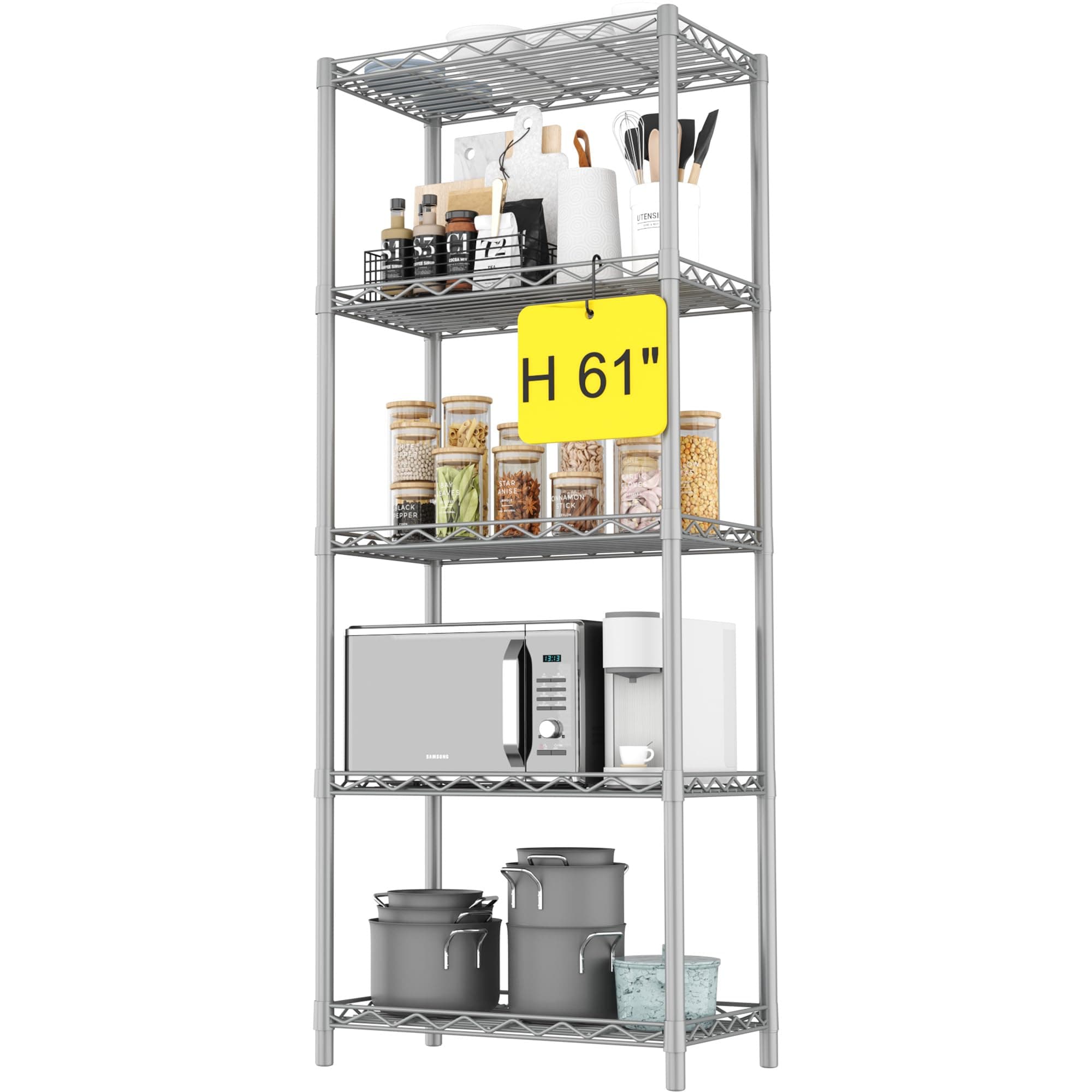 HOMEFORT 5-Tier Wire Shelving 5 Shelves Unit Metal Storage Rack Durable Organizer Perfect for Pantry Closet Kitchen Laundry Organization in Grey,21”Wx14”Dx61”H