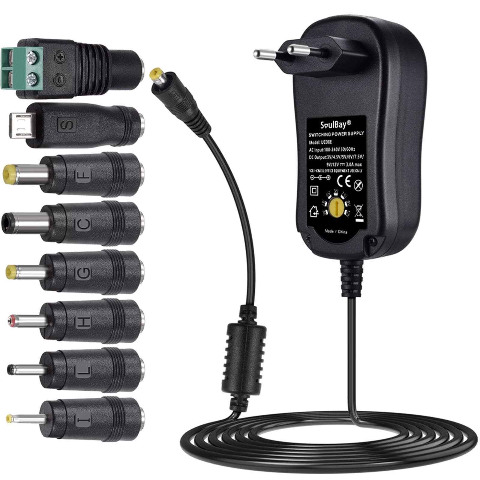 SoulBay , SoulBay 3V-12V 36 Watt Universal AC, DC Adapter Switching Power Charger with 8 Different Adapters Plug for Household Electronics - 3000mA max