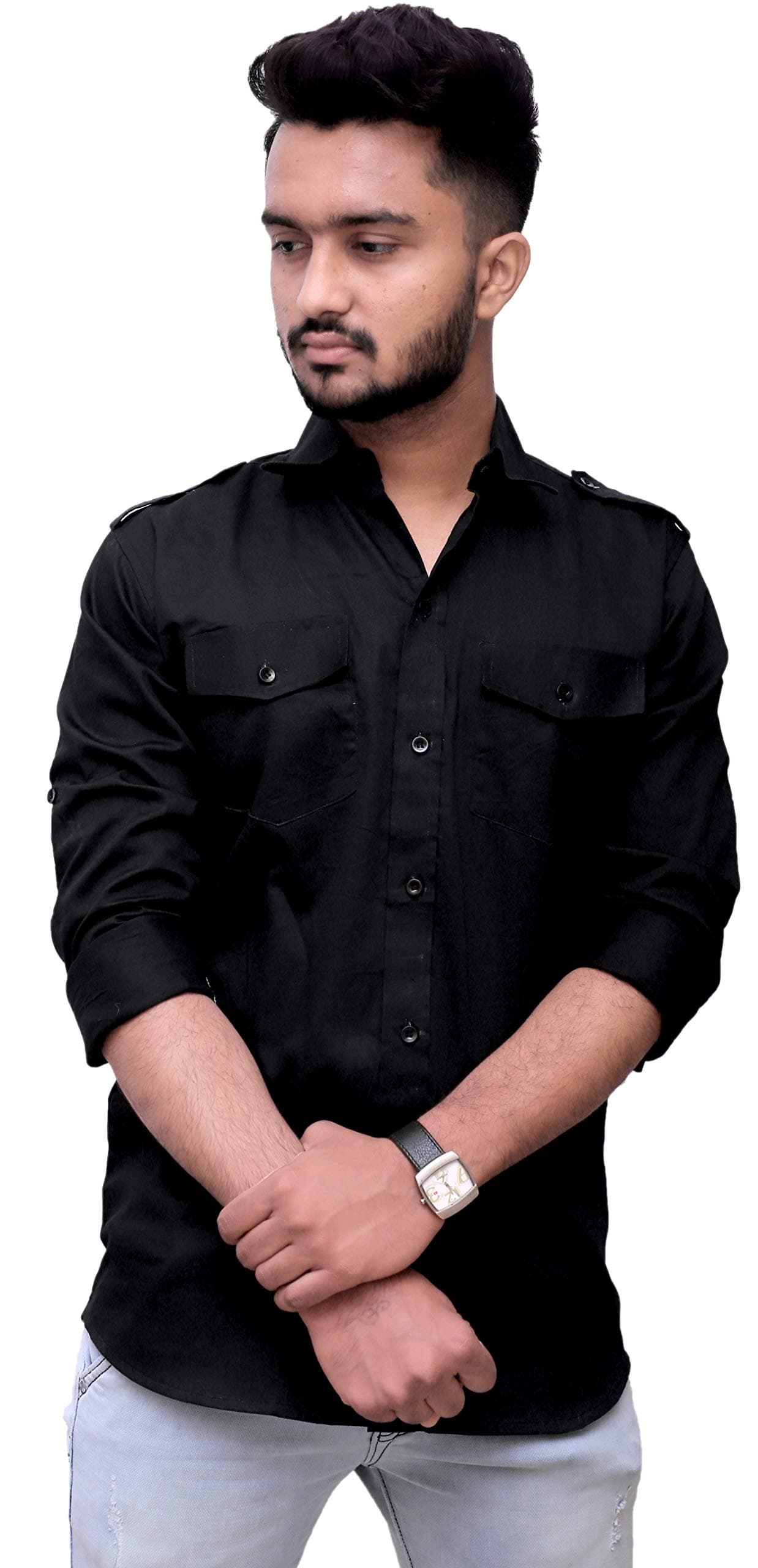 REBANTA Mens Casual Shirt Plain Double Pocket (Maroon, Pure Cotton)