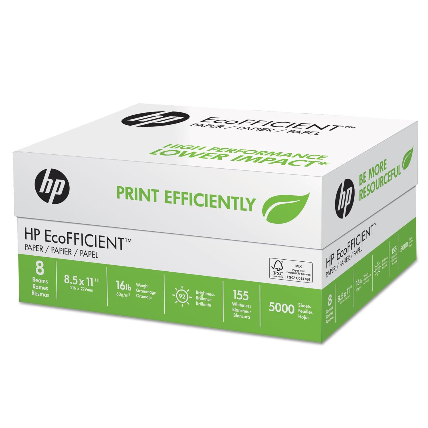 HP Printer Paper | 8.5 x 11 Paper | EcoFFICIENT 16 lb | 1 Pack - 625 Sheets | 92 Bright | Made in USA - FSC Certified | 216000