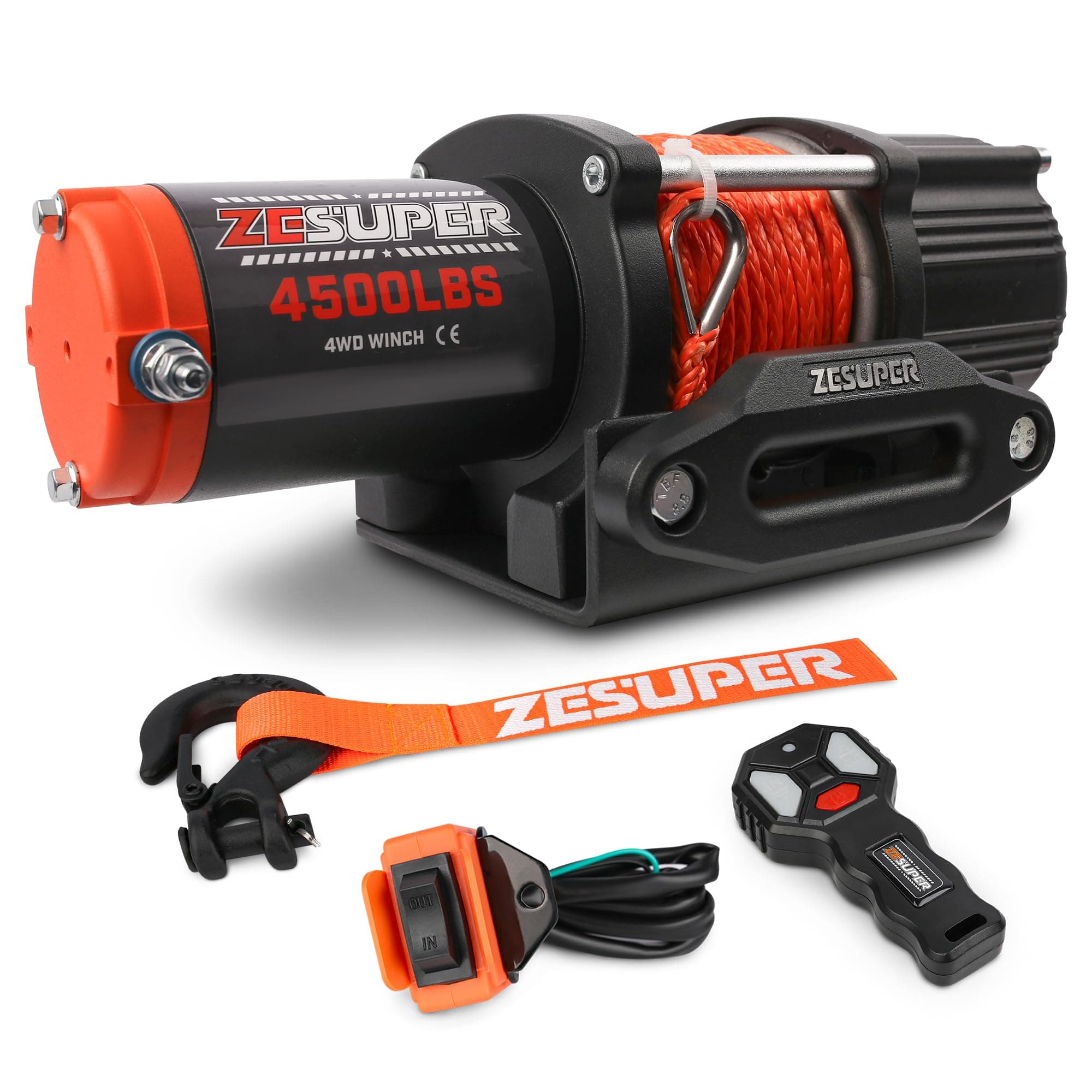 ZESUPER 4500 lb Winch Waterproof IP67 Electric Winch with Wireless Remote Synthetic Winch Rope Hawse Fairlead Handheld Remote ATV UTV Winches 12V Portable Power Winch