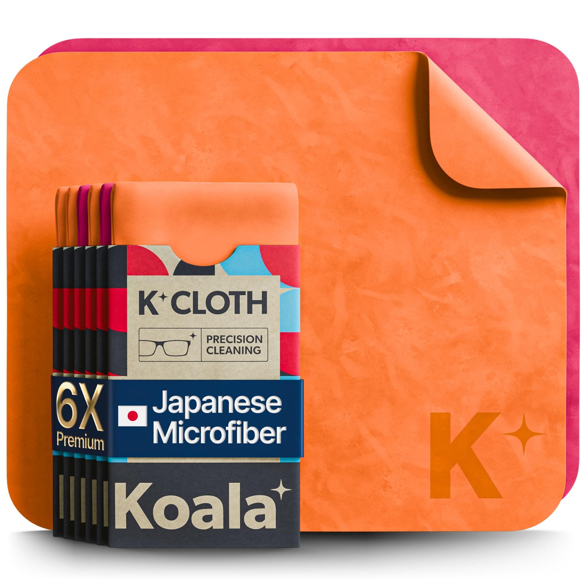 Koala Lens Cleaning Cloth | Japanese Microfiber Glasses and Screen Cleaner | Safe for All Multi-Coated Eyeglass and Camera Lenses, Pink and Orange (Pack of 6)