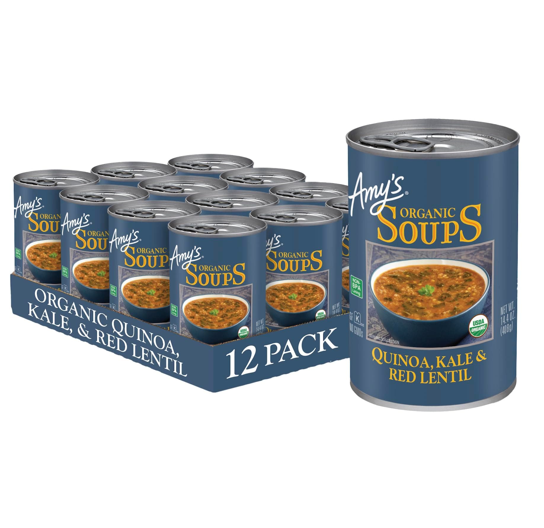 Soup, Vegan Quinoa, Kale and Red Lentil Soup, Gluten Free, Made With Organic Vegetables and Lentils, Canned Soup, 14.4 Oz (12 Pack)