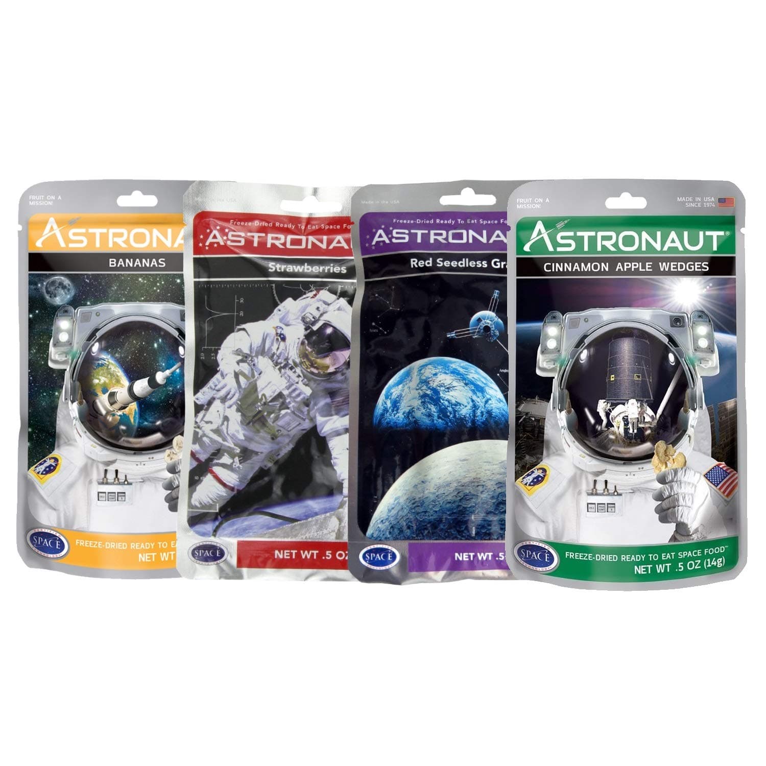 Astronaut Space Food 4 Packet Variety Bundle Freeze Dried Ready to Eat Fruit - Strawberries, Grapes, Bananas and Cinnamon Apple Wedges