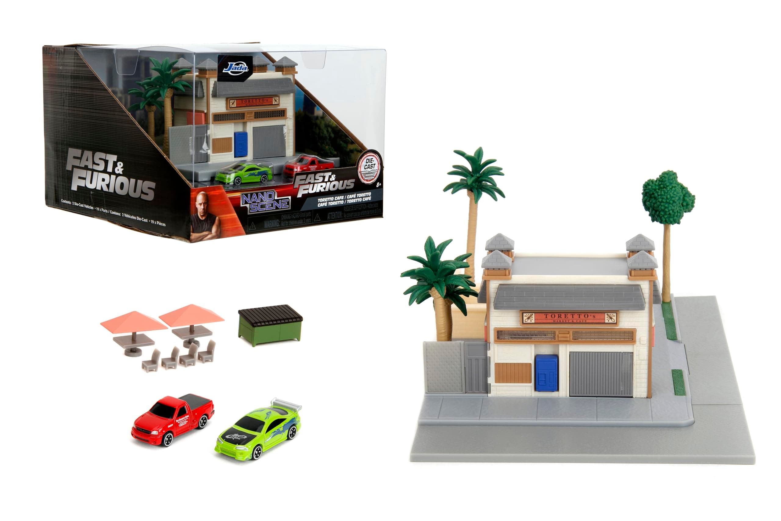 Toys – Fast & Furious Nanoscene: Toretto's Market & Cafe with 2 Nano Vehicles – Highly Detailed Movie Replica Playset, Collectible Scene for Ages 8+