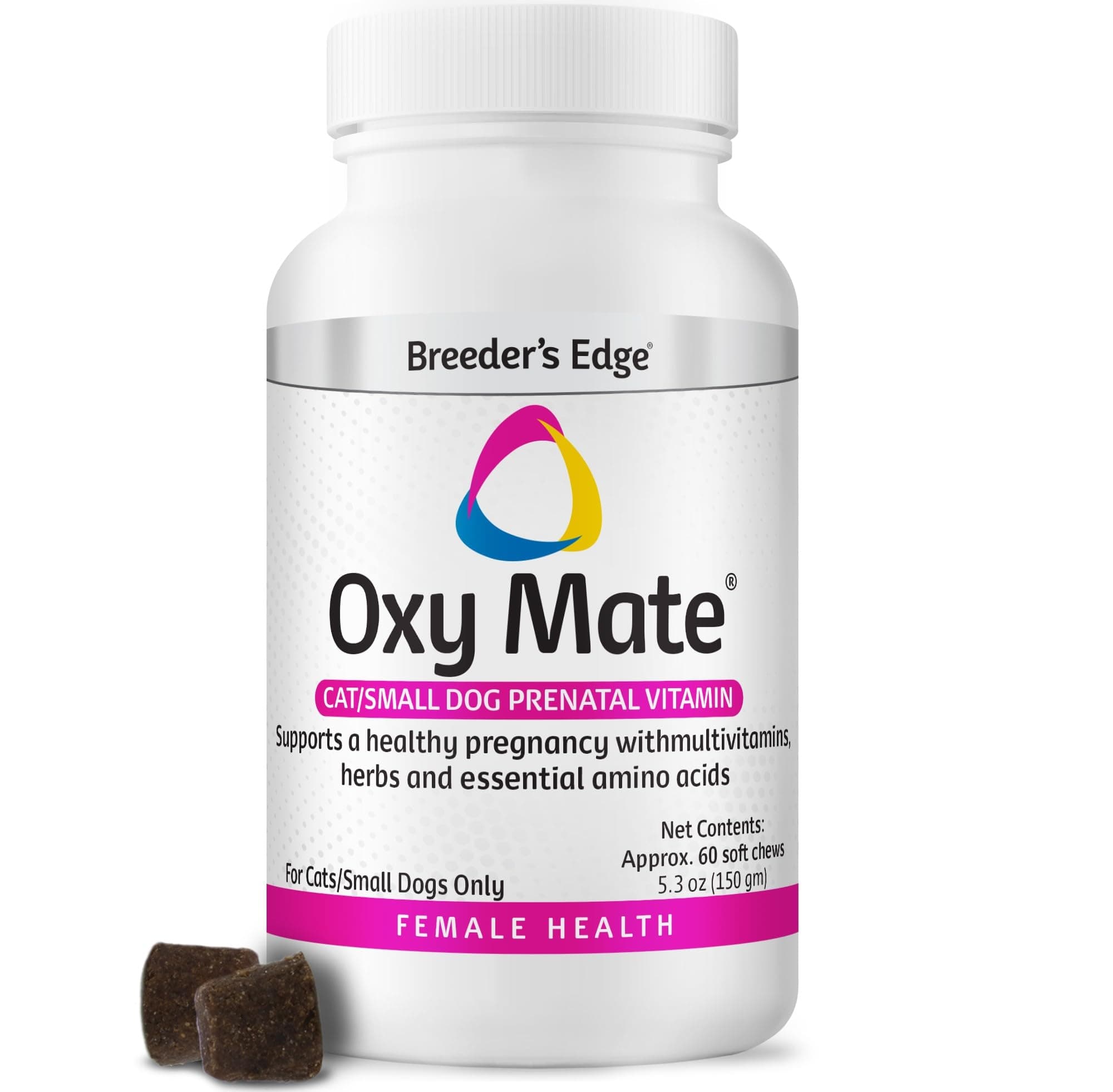 Breeder's Edge Oxy Mate Dog & Cat Prenatal Vitamins, Comprehensive Supplement for Pregnant Dogs and Cats Enriched with Essential Nutrients for Healthy Moms & Litters, Soft Chews - 60ct Small Dog & Cat