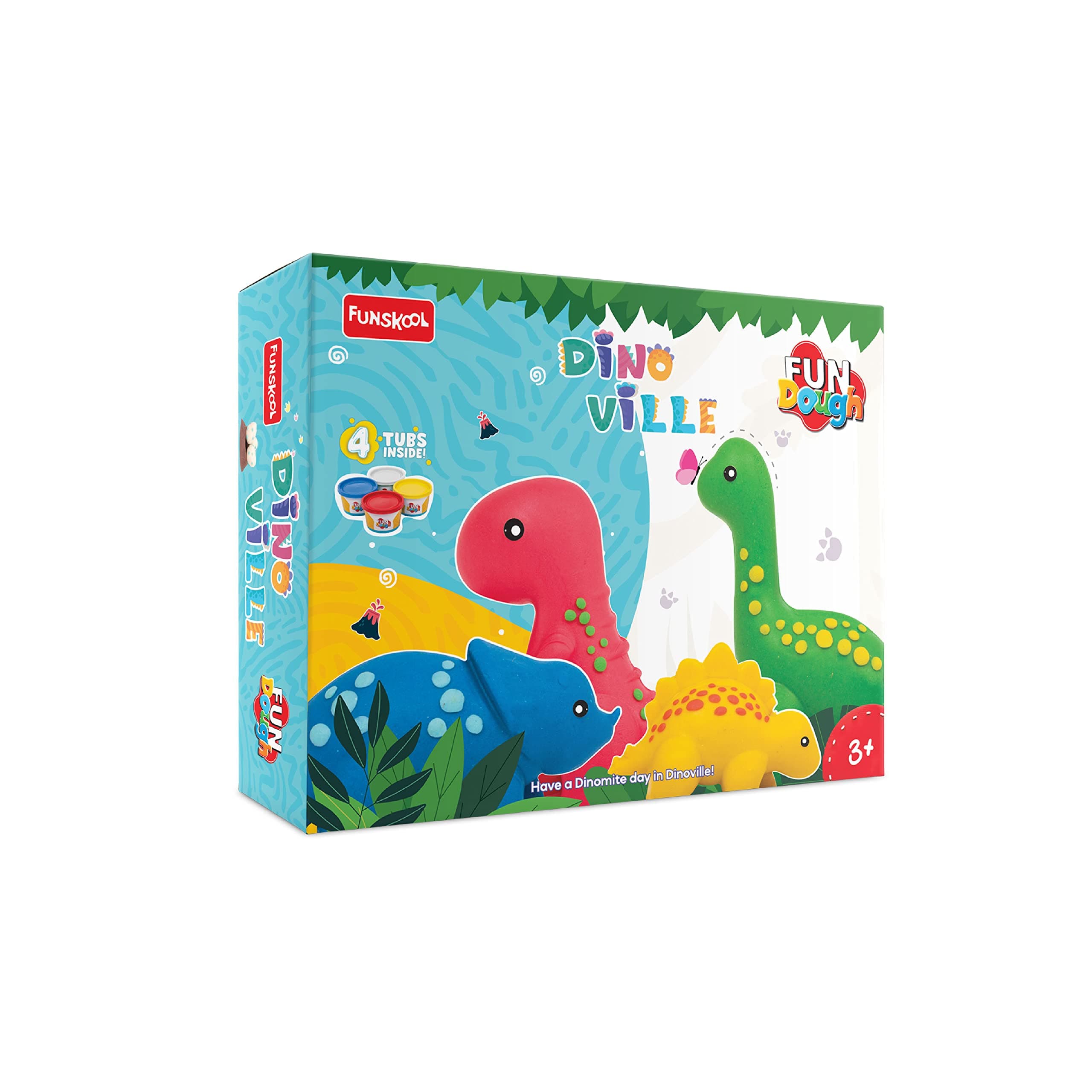 Fundough Funskool Dino Ville Play Set for Kid, 4 Colorful Tubs of 75g Each (300g Total), Learning, Fun & Engaging Activity, Multicolour, Gift Set for Kids, Age 3+ Years