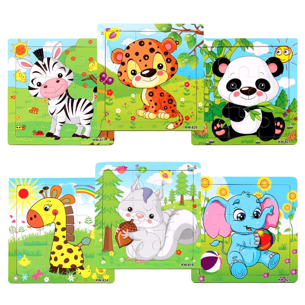 IBAMA 6PCS of Environmental Protection Wooden Frame Jigsaw for Kids with Base Map Wooden Early Education Puzzle Toy Animal Puzzle