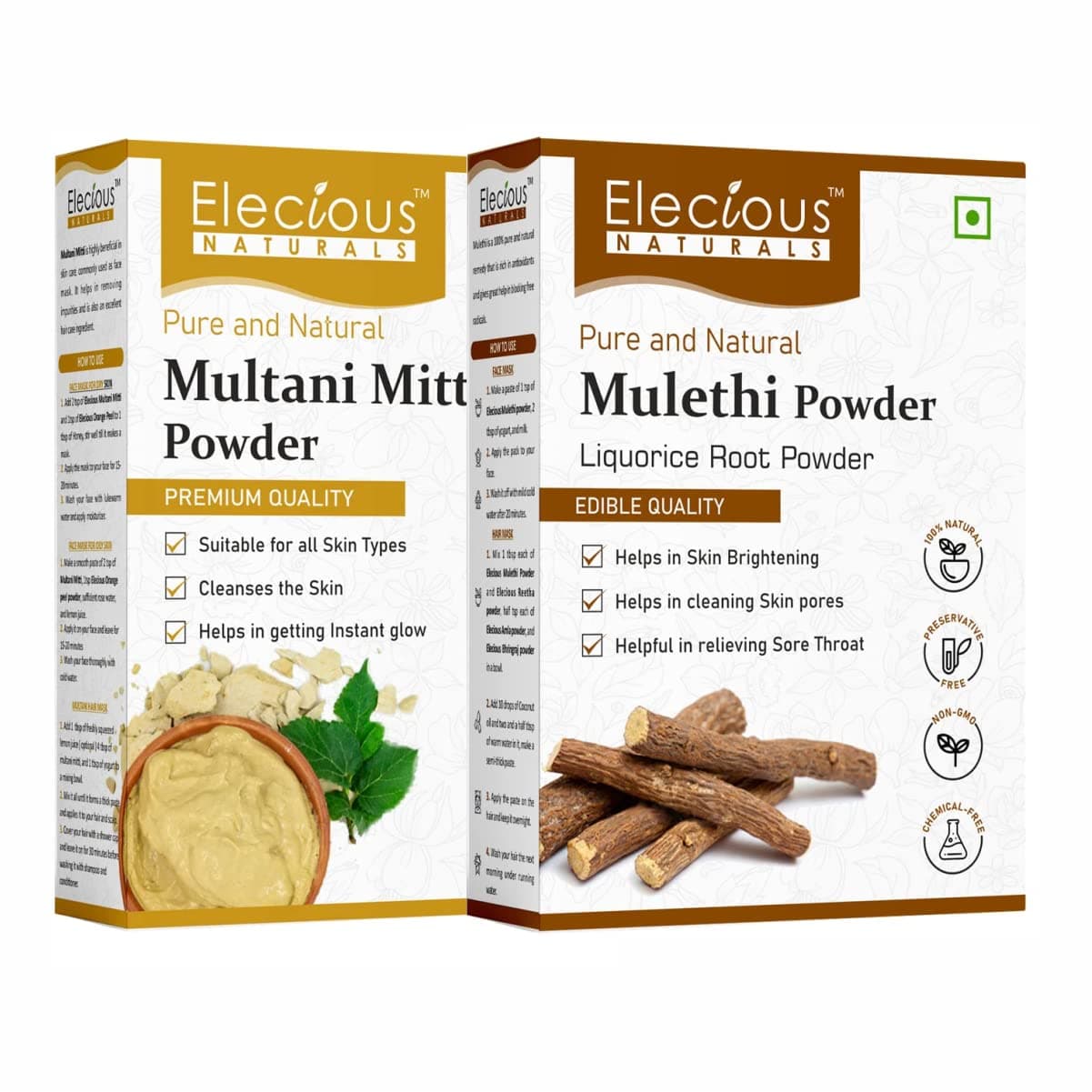 Elecious Mulethi Powder and Multani Powder Combo (200 grams + 200 grams) Ideal for skin, neck and hands | 100% Natural, Preservative-free