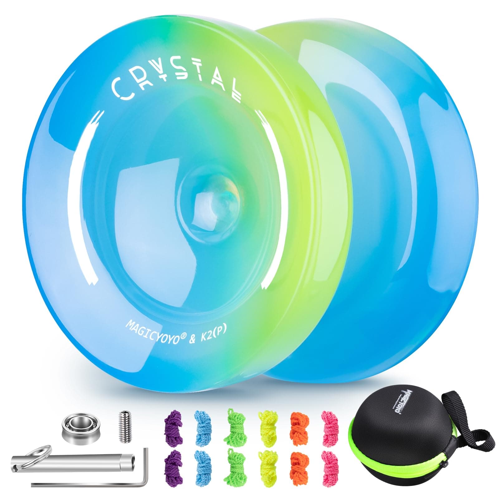 Yoyo K2 Crystal - Professional Responsive Yoyo for Kids 8-12, Dual Purpose Yo Yo for Adults Advanced + Extra Unresponsive Bearing + 12 Yo-yo Strings+Storage Bag + Removal Tool ( SkyBlue Yellow)