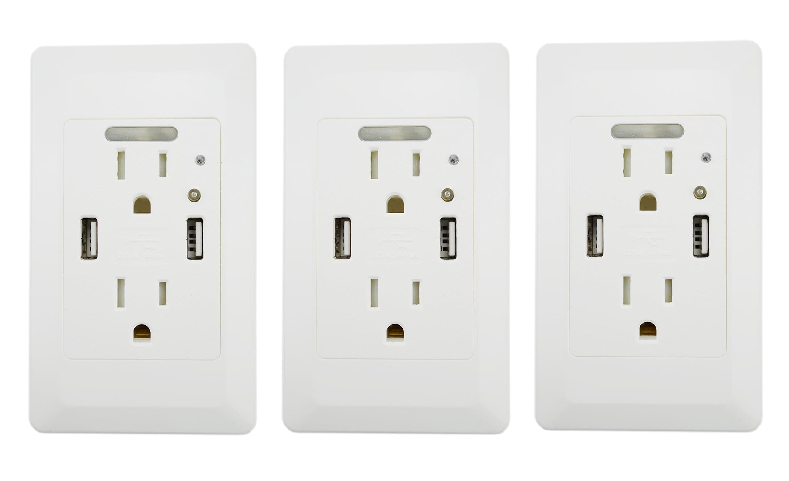 3PK YOPI 4.2A High Speed Dual USB Charger with 15A Tamper Resistant Wall Receptacle 2 Outlets Band Panel Night Light White ETL Listed