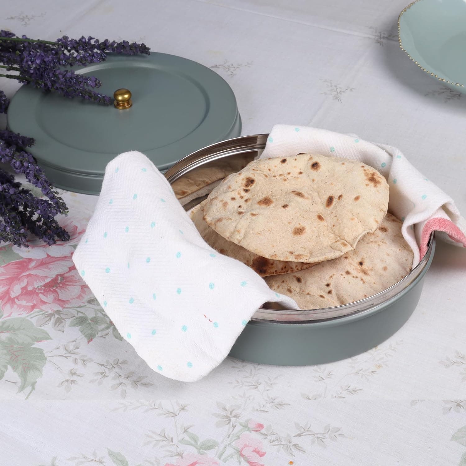 Elan Stainless Steel Round Roti,Chapatti Box | Elegant Design | Food Grade | Ideal for Papad,Bread,Snak storage | Easy to open | Tight lid (Casserole, Moss Green), 1500 ML
