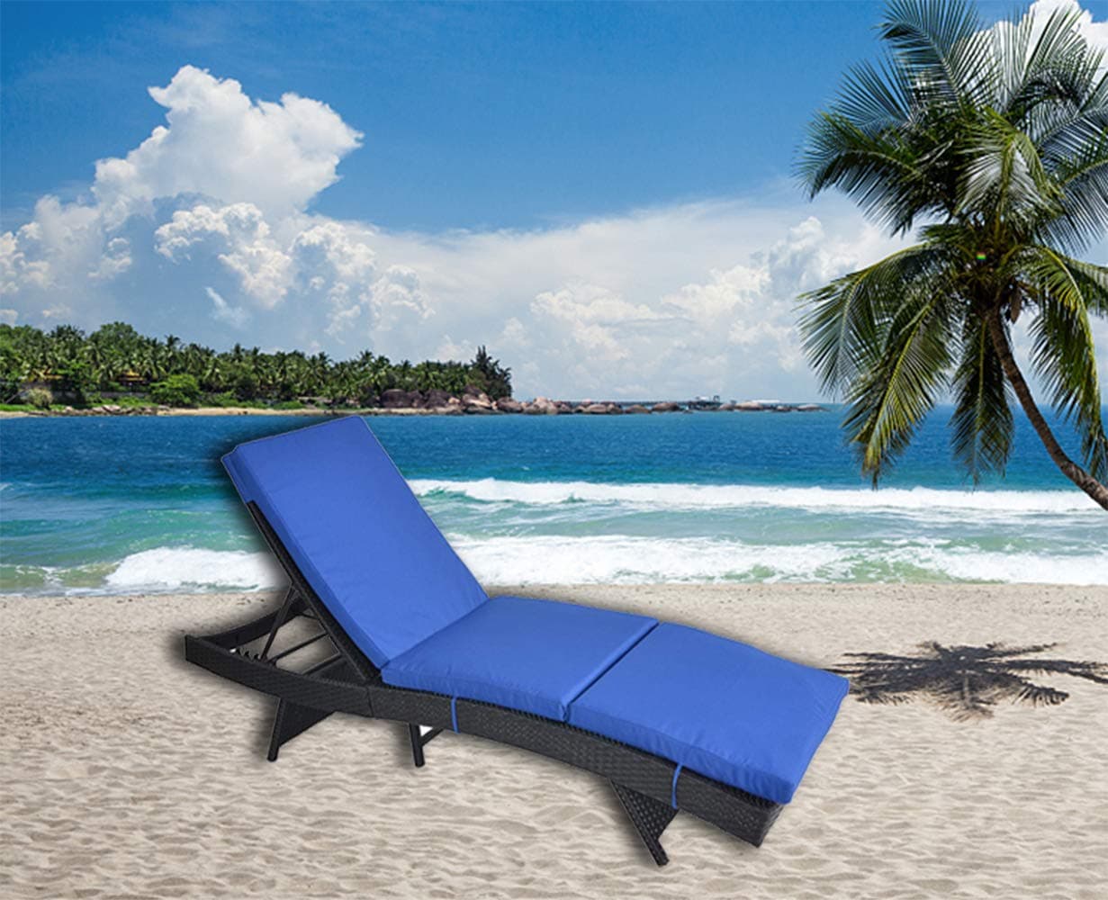 Patio Garden Chaise Lounge Black Rattan Wicker Adjustable Backrest Cushioned Pool Chaise Lounge Chair(Royal Blue Cushion)