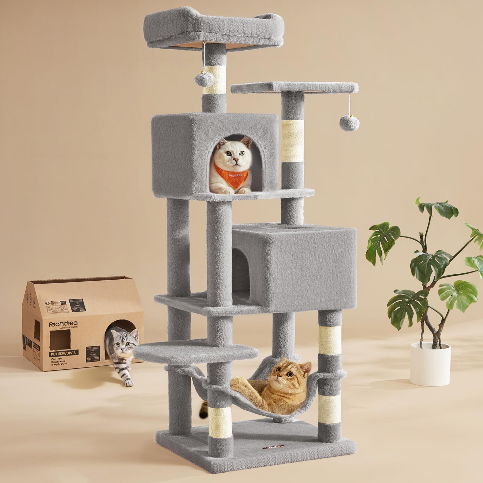 Cat Tree, 59.5-Inch Tall Cat Tower, Plush Multi-Level Condo with 5 Scratching Posts, 2 Perches, 2 Caves, Hammock, 2 Pompoms, Light Gray UPCT192W01