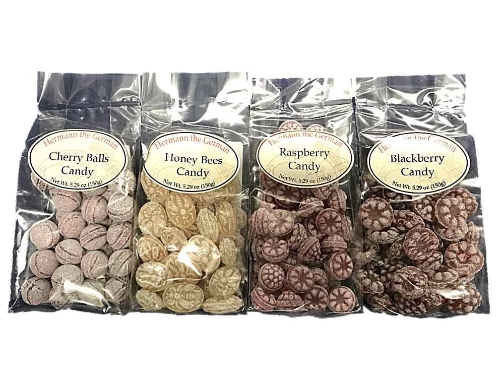 Hermann The German Gourmet Candy 4 Flavor Pack Raspberry, Cherry Balls, Blackberry, and Honey Bees