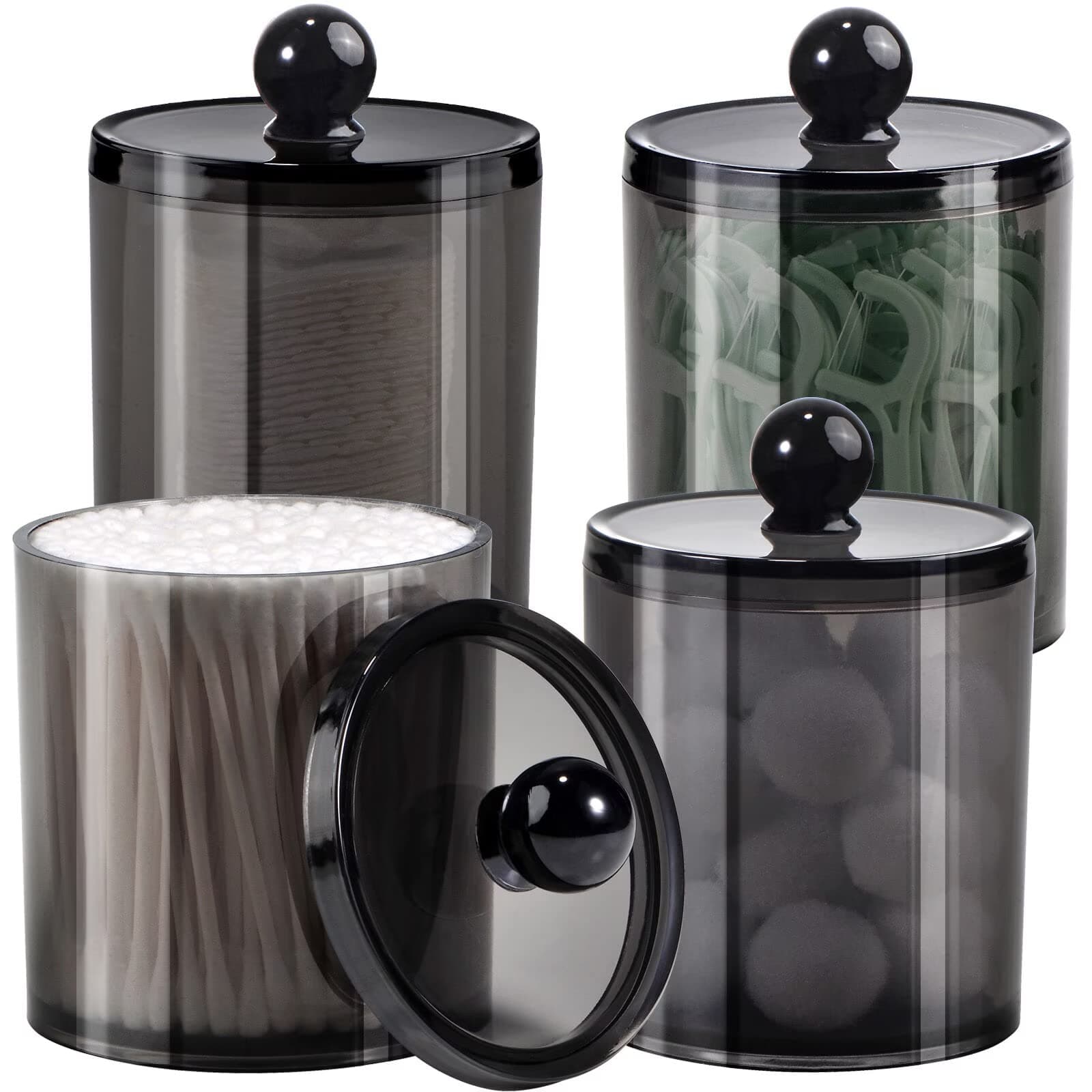 SheeChung 4-Pack Qtip Holder,Mixed Sizes Black Acrylic Apothecary Jars with Lids - (2) 12oz & (2) 10oz Qtip Holder Set - Shatterproof Bathroom Vanity Organizer for Cotton Swabs,Balls,Pads