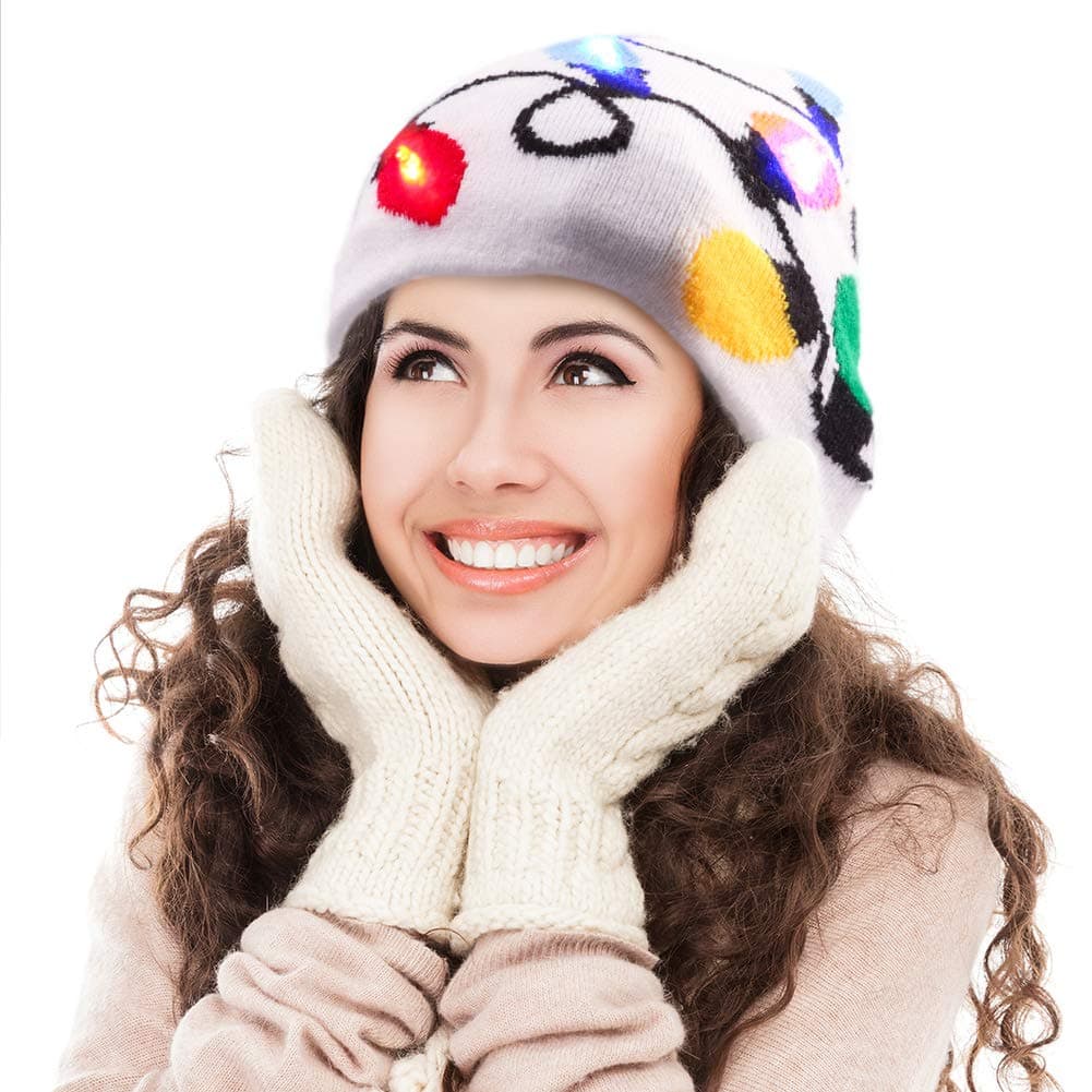 Light up Hat Beanie LED Christmas Hat Adults Women Men Kids Girls Boys Novelty Funny Hat Gifts (White)