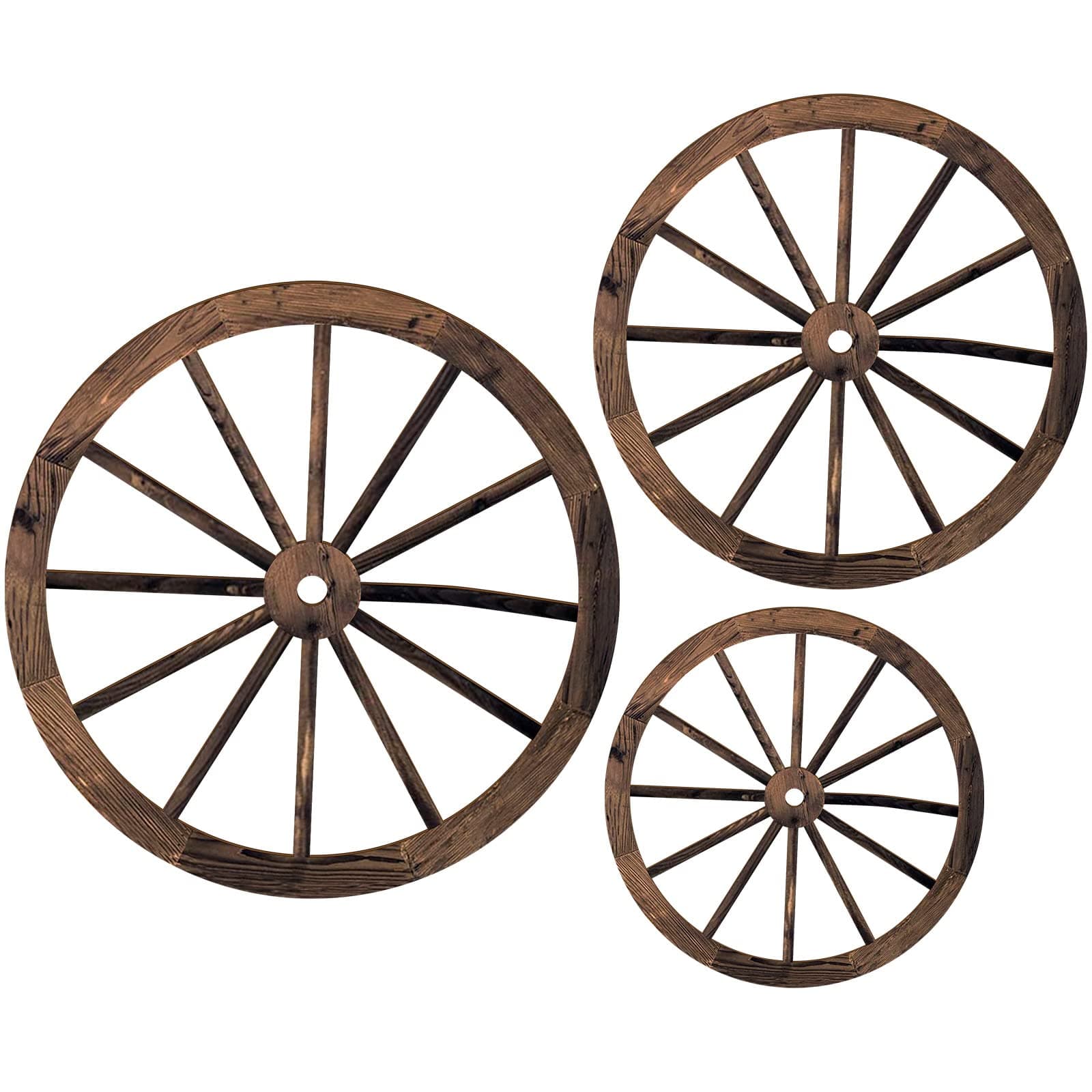 Qunclay 3 Pcs Wooden Wagon Wheel Decor 12/10/8 Inch Old Western Wall Decor Farmhouse Wagon Wheels Rustic Yard Hanging Decorative Art for Garden Home Bar Garage(Dark Brown)