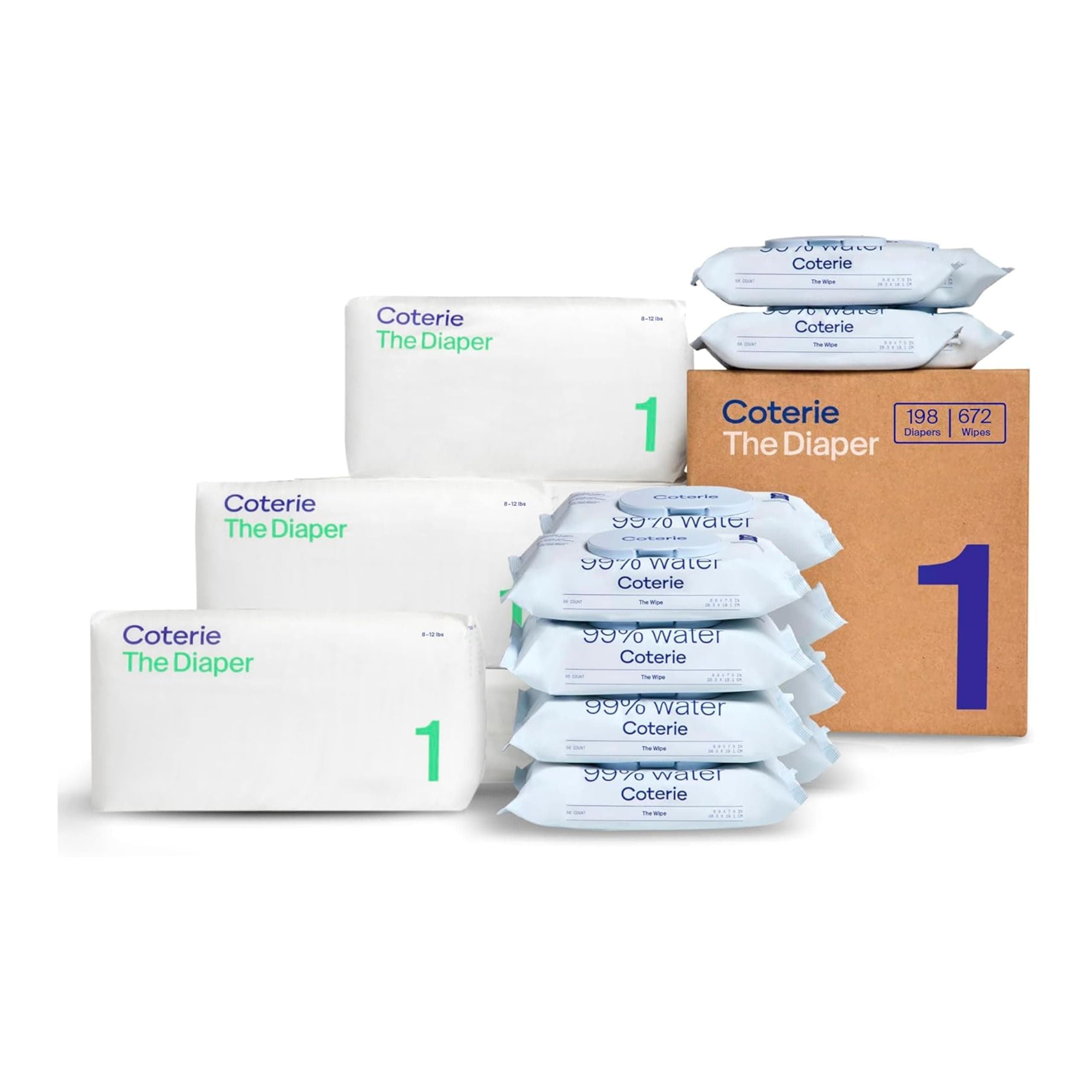 Coterie Baby Wipes + Diapers Kit Size 1 (198 Count) and 12 Pack Wipes (672 Count) with 99% Water, Herbal Materials, Hypoallergenic for Skin