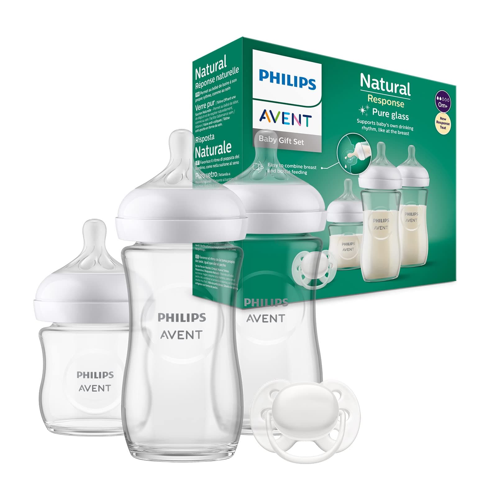 Avent Glass Baby Bottle Newborn Gift Set - 3 Baby Milk Bottles, Ultra-Soft Pacifier for Babies Aged 0-6 Months+ (Model SCD878/11)
