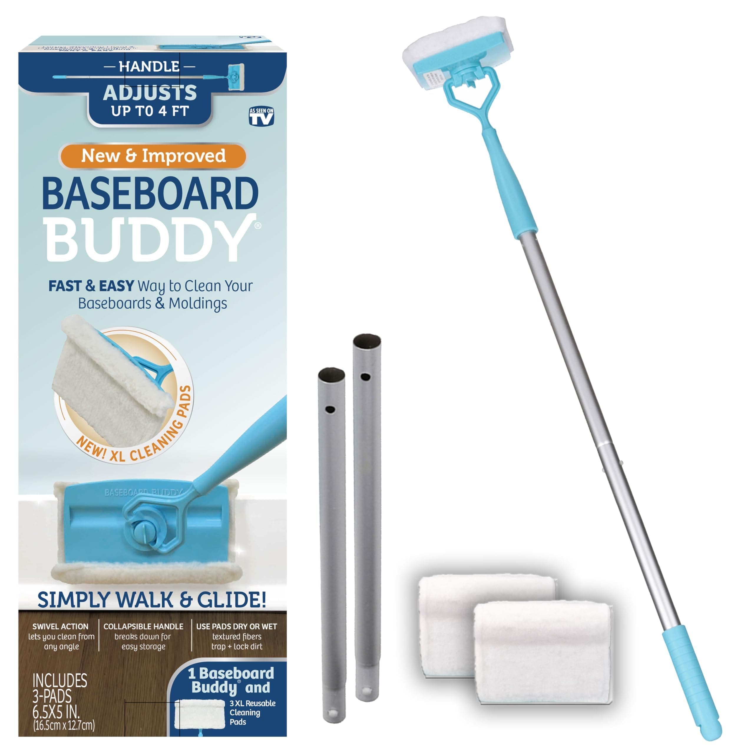 Lightweight Home Cleaning Essential, Perfect for Baseboards, Moldings & Walls, Glide & Wipe Trapping & Locking Dirt & Dust | As Seen on TV, (1 Baseboard Buddy & 3 Reusable Pads)