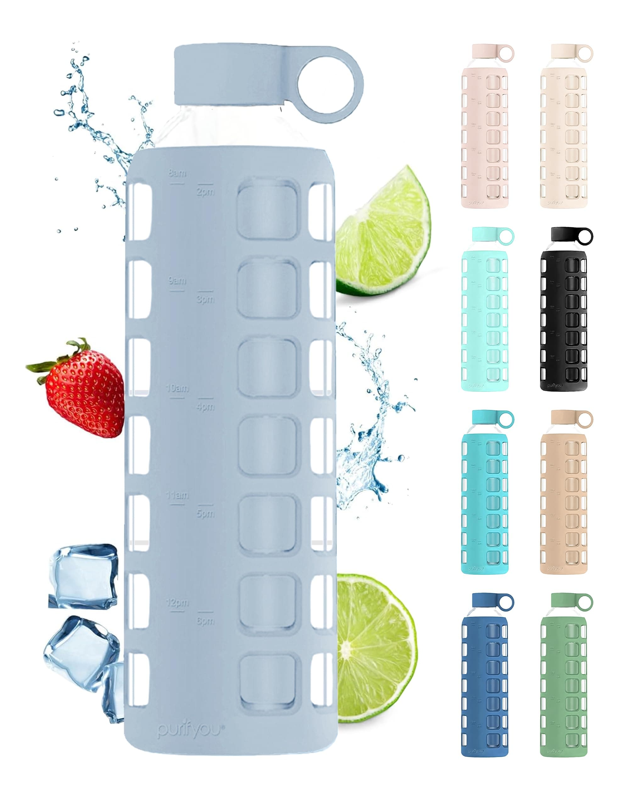 purifyou 40/32/22/12 oz Borosilicate Glass Water Bottles with Volume Markers, Silicone Sleeve, Stainless Steel Lid, Reusable Bottle for Water, Juice, Gym, and Fridge Storage (32oz Ice Blue)