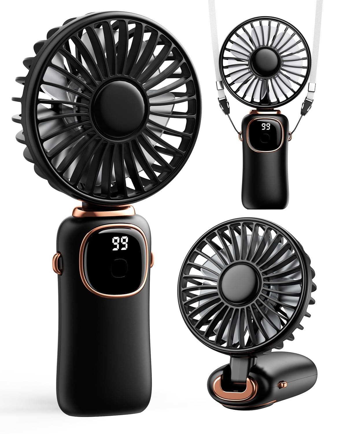 Portable Handheld Fan, 4000mAh Battery Operated 3 in 1 Multifunction Personal Travel Fans with Digital Display, 90ยฐ Foldable Desk Fan with Base, 5 Speed Lash Fan for Makeup/Office (Black)