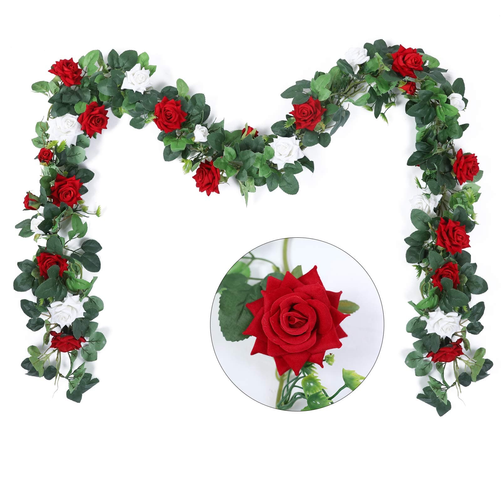 Hobyhoon 3Pcs/27Heads Artificial Rose Garland Silk Velvet Flowers Vines Fake Hanging Ivy Plant For Wedding Party Home Wall Garden Decorations (Red 2pcs + White 1pcs)