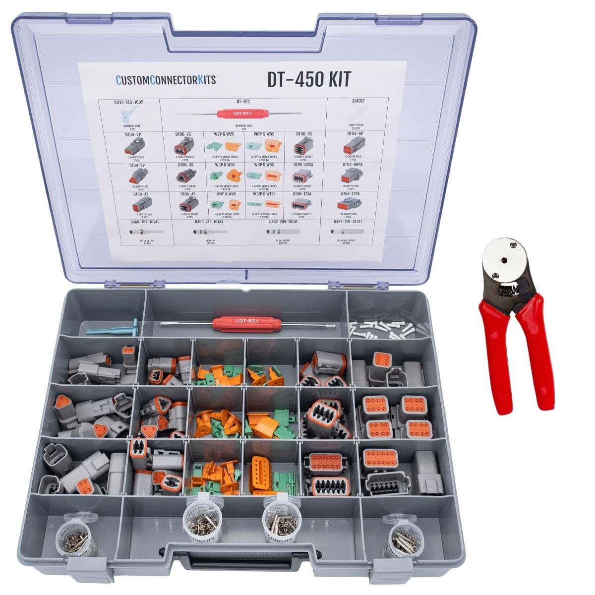 DT-450 Deutsch DT Series Connector Kit With Crimp Tool: Gray Environmentally Sealed Automotive Electrical Connectors 14-20 Gauge 450 Piece Kit With 4-Way Indent Crimp Tool