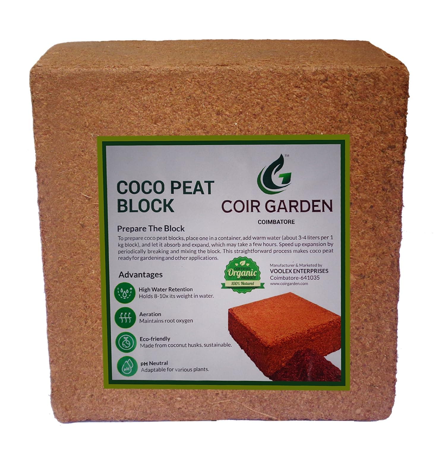 COIR GARDEN - Cocopeat Block 5 KG (Pack of 1) - Expands Upto 75 litres - Soil Manure Potting Mixture for Terrace and Kitchen Gardening