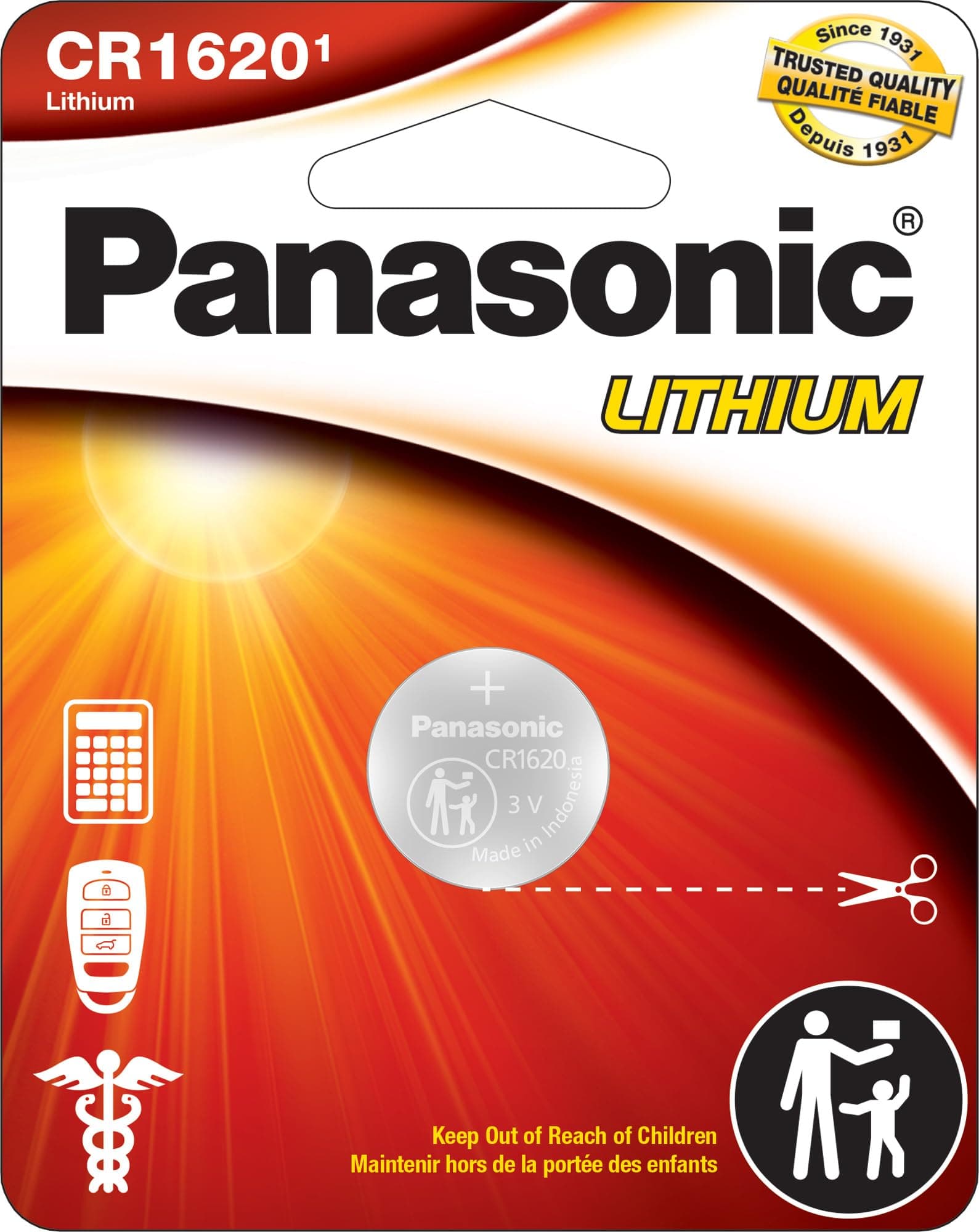Panasonic CR1620 3.0 Volt Long Lasting Lithium Coin Cell Batteries in Child Resistant, Standards Based Packaging, 1-Battery Pack