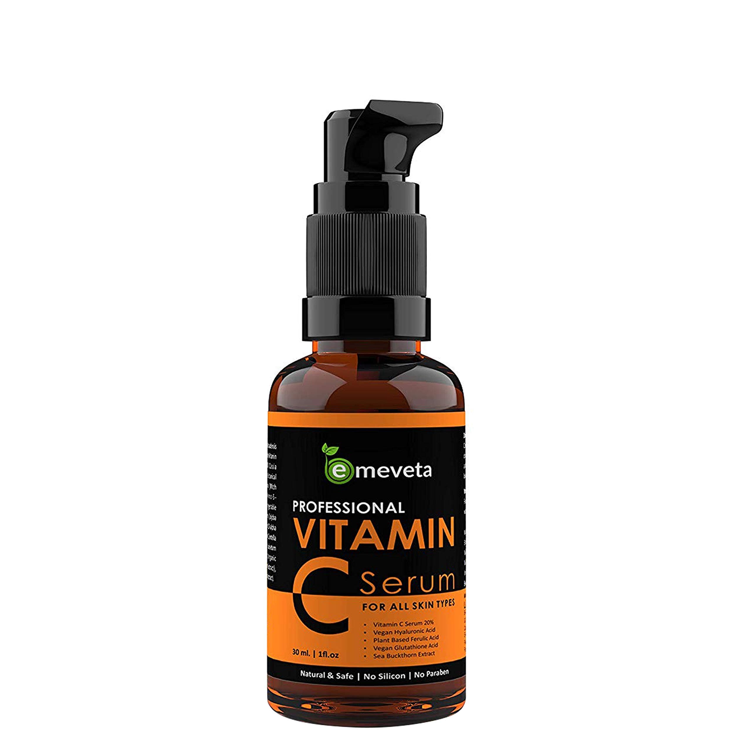 Emeveta Vitamin C Serum for face with Vegan Hyaluronic acid, Ferulic acid, Aloe Vera and Sea Buckthorn Extract (30ML)