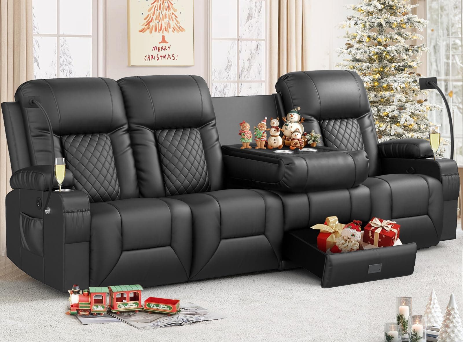 Recliner Sofa, 4 Seater Dual Reclining Sofa with Flip Back Console, Modern PU Leather Recliner Couch for Living Room/RV, with Storage Drawer, USB Ports, Cup Holder, Cell Phone Holder, Black