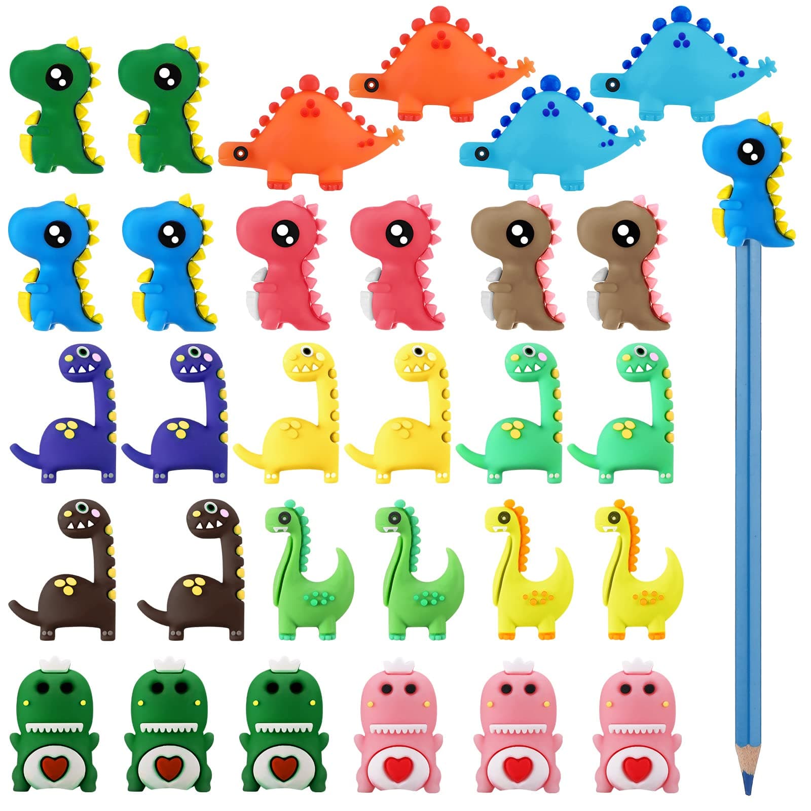 Marspark 30 Pieces Animal Pencil Toppers Dinosaur Style (Dinosaur, Silicone, Pencil Toppers, Office, Kids, Back to School, Party Favors)