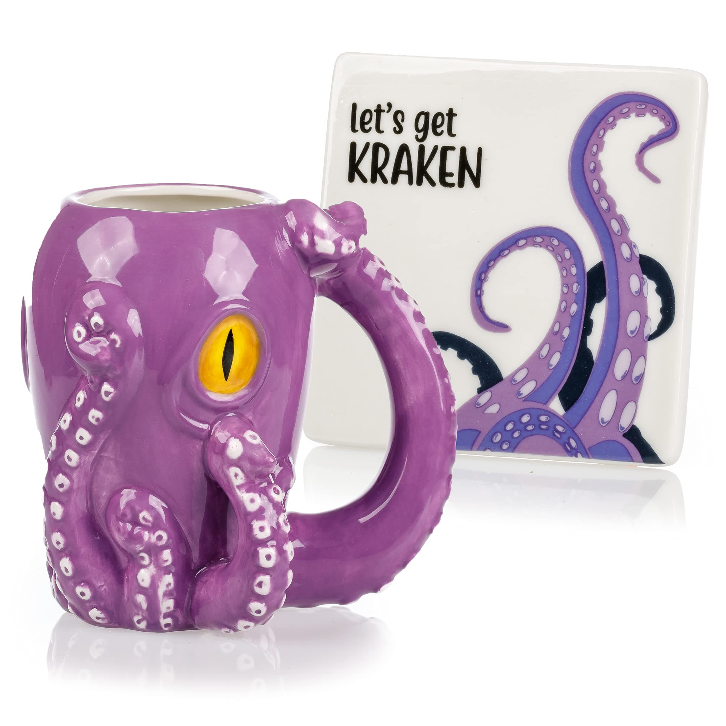 infloatables Octopus Mug and Coaster Set - Octopus Coffee Cup holder - Ceramic Coffee Mug 5 Inches Tall - Octupus Mug -Holds 12 Oz - Handcrafted 3D Octopus Coffee Mug Octopus Mug Holder Cool Mug