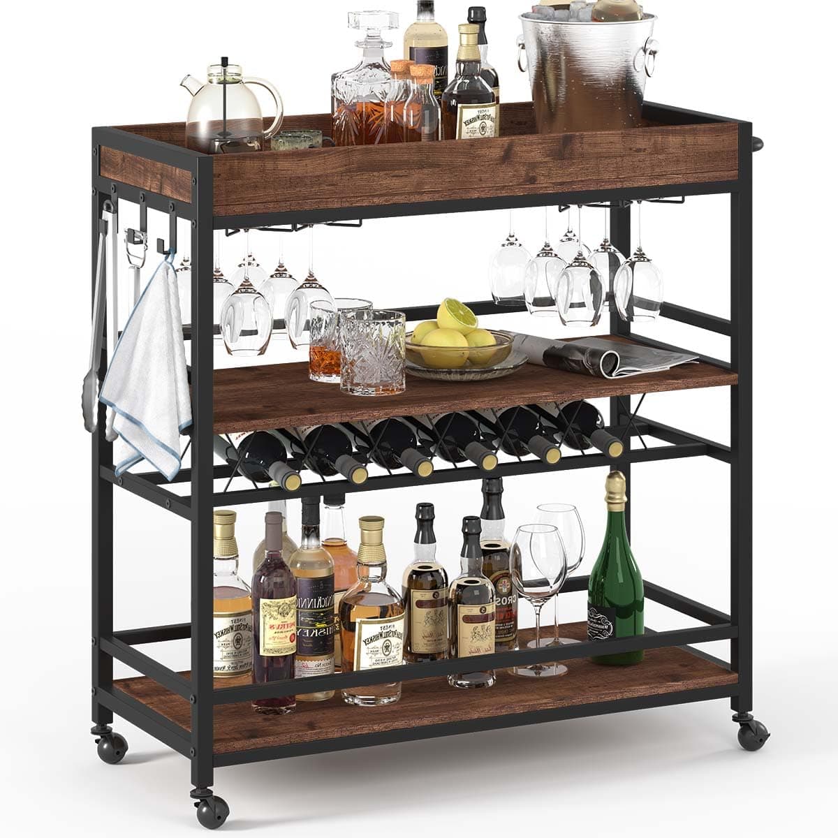 Bar Cart for The Home, Rolling Home Bar Serving Cart on Wheels, 3 Tier Liquor Beverage Carts with Wine Rack and Glass Holder (Rustic Oak)