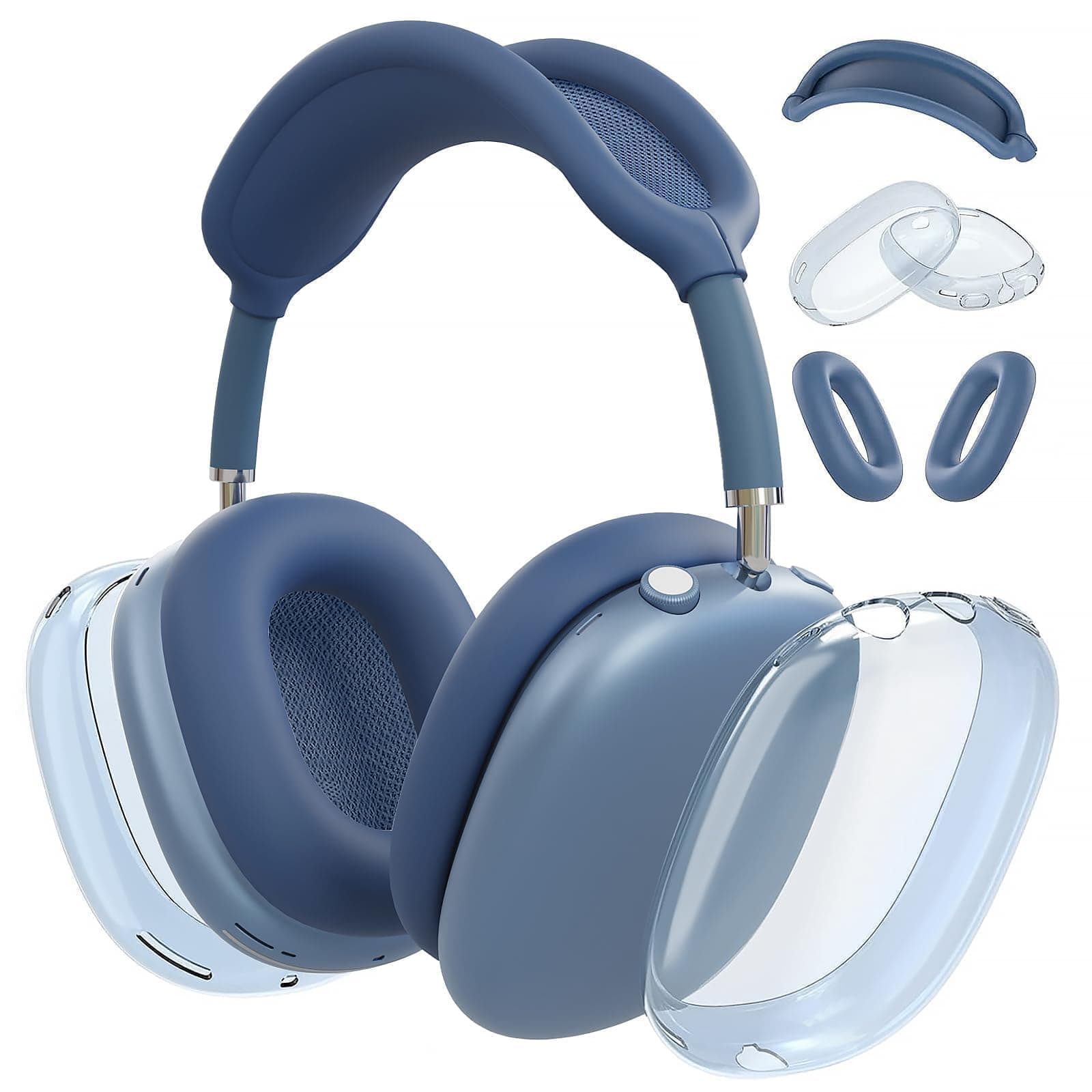 3 in 1 Case Cover for AirPods Max, Clear TPU Ear Cup Protectors & Silicone Earpad Cushions & Headband Cover, Anti-Scratch Accessories Set Compatible with Apple for AirPod Max 2024/2020, Blue