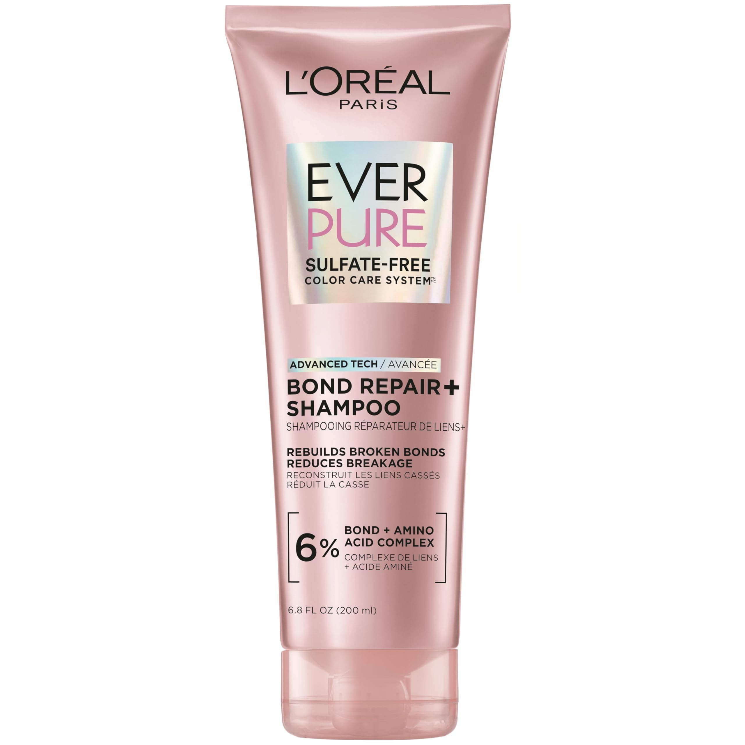 L'Oreal Paris Sulfate Free Bond Repair+ Shampoo, Hair Shampoo with Bond + Amino Acid Complex, Strengthens and Repairs Damaged or Color Treated Hair, EverPure, 6.8 Fl Oz (Packaging May Vary)