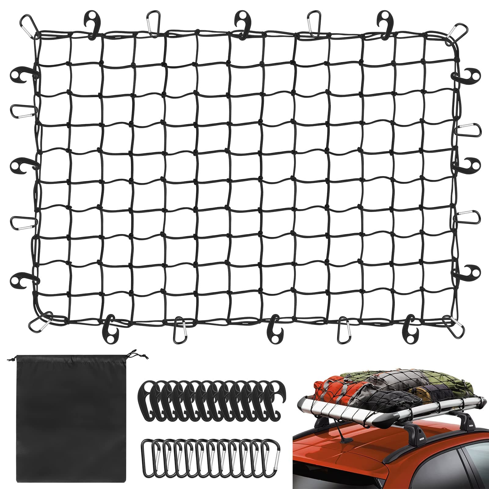 Cargo Net for Pickup Truck Bed, ANGELIOX 4'x6' Stretches to 8'x12', Heavy Duty Bungee Cargo Net with 24 Carabiners, Adjustable Truck Bed Cargo Net for Trailer, SUV, and Roof Rack