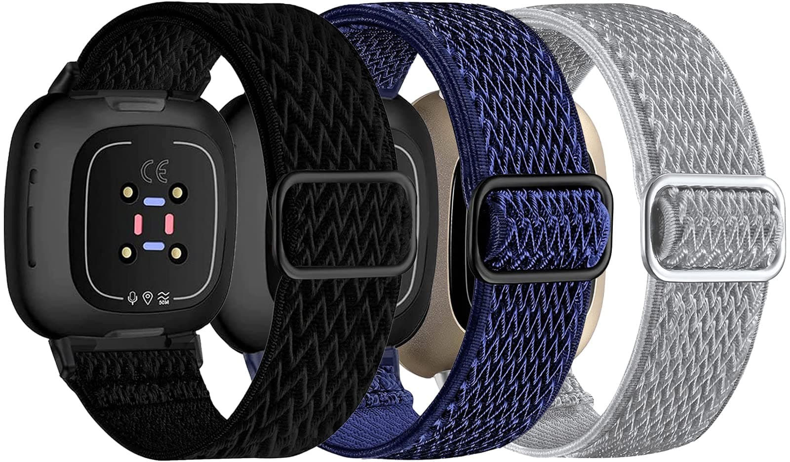 Nigaee 3 Pack Elastic Nylon Straps Compatible for Fitbit Versa 4/Versa 3/Sense 2/Sense Strap, Stretchy Adjustable Fabric Breathable Replacement Straps for Women Men