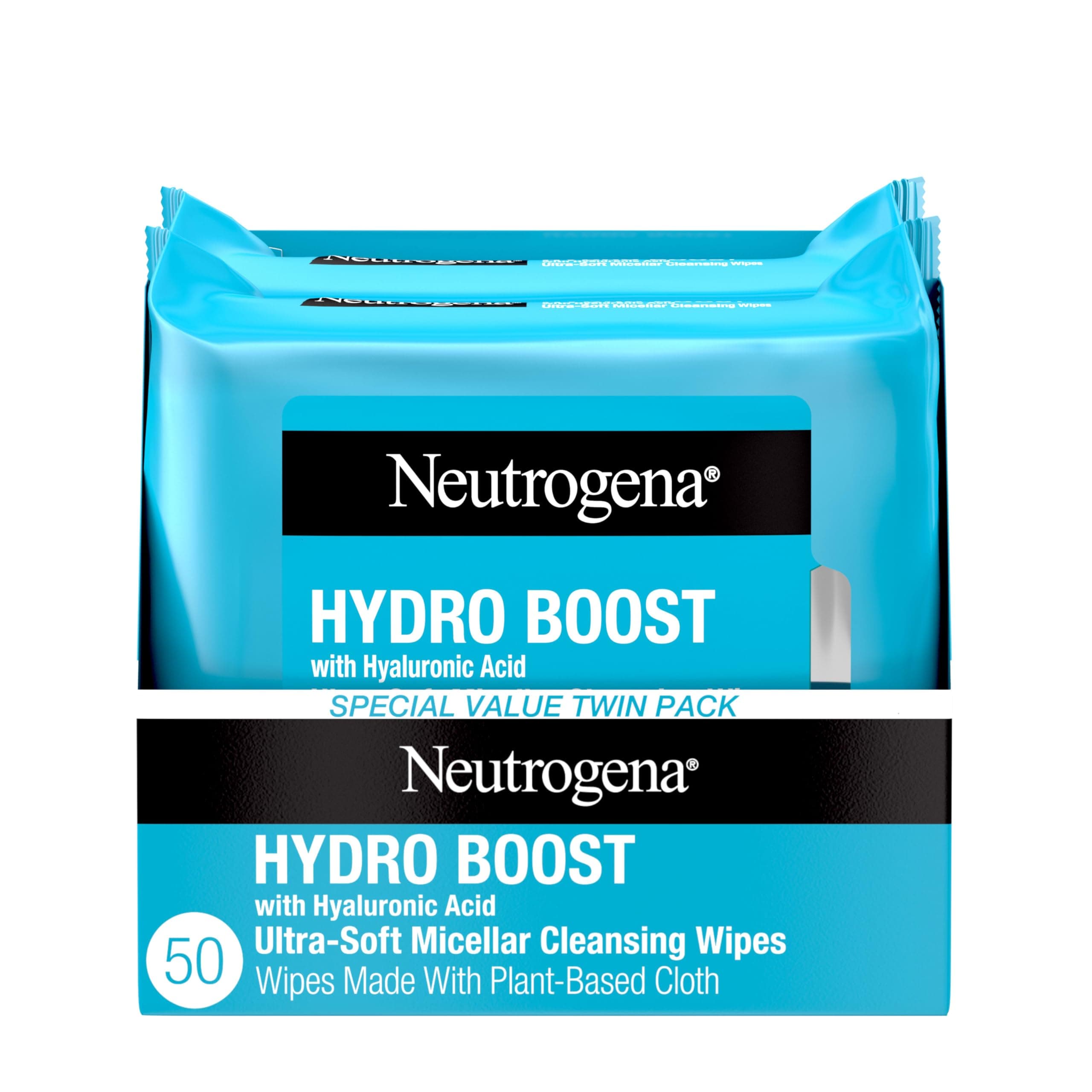 HydroBoost Facial Cleansing & Makeup Remover Wipes with Hyaluronic Acid, Hydrating Pre-Moistened Face Towelettes to Cleanse &Remove Dirt, Makeup & Impurities, Twin Pack, 25 ct