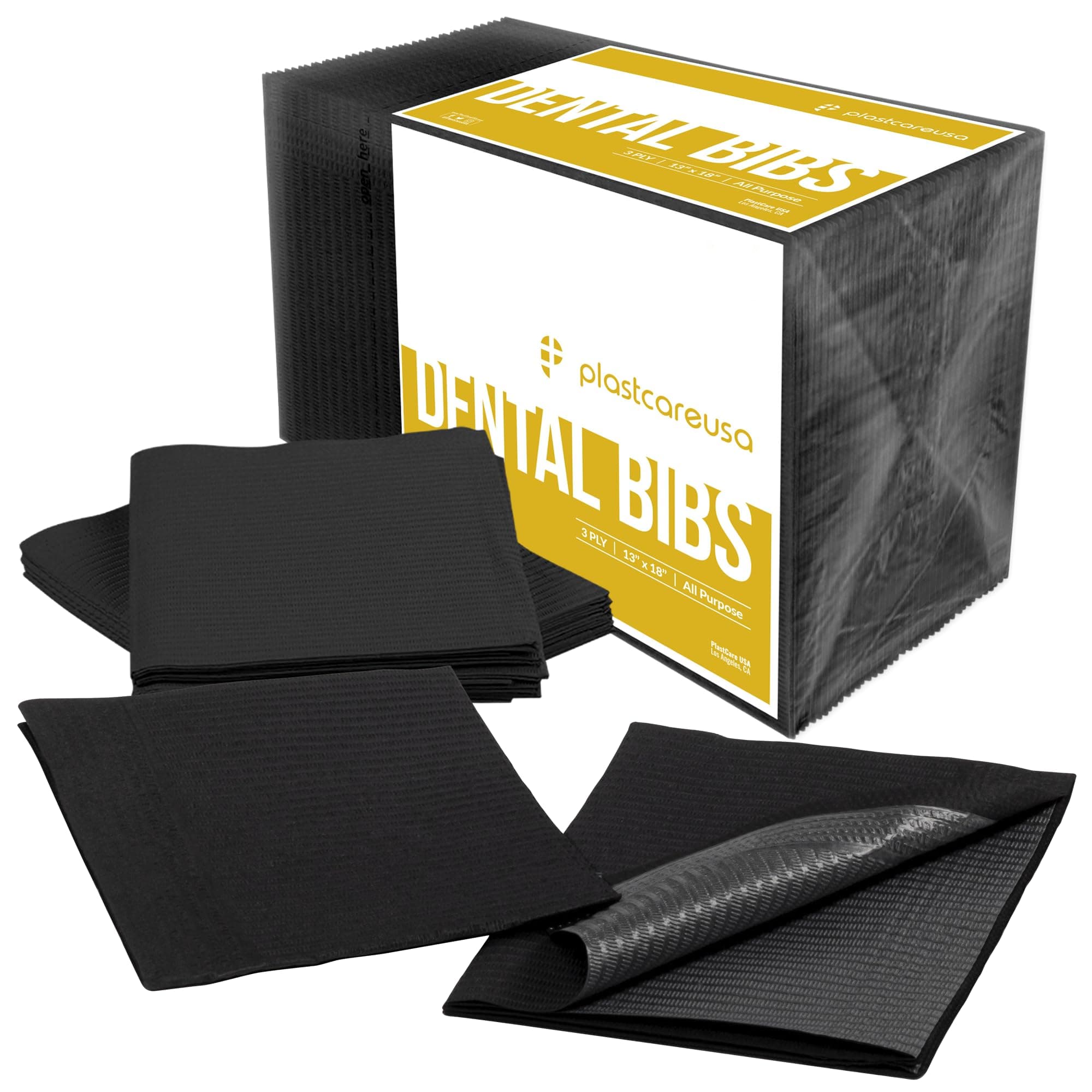 PlastCare USA Disposable Dental Bibs 13"x18" - 3 Ply Waterproof Tattoo Bib Sheet for Patients - Dentist or Medical Tray Cover and Nail Table Cover Supplies, Black