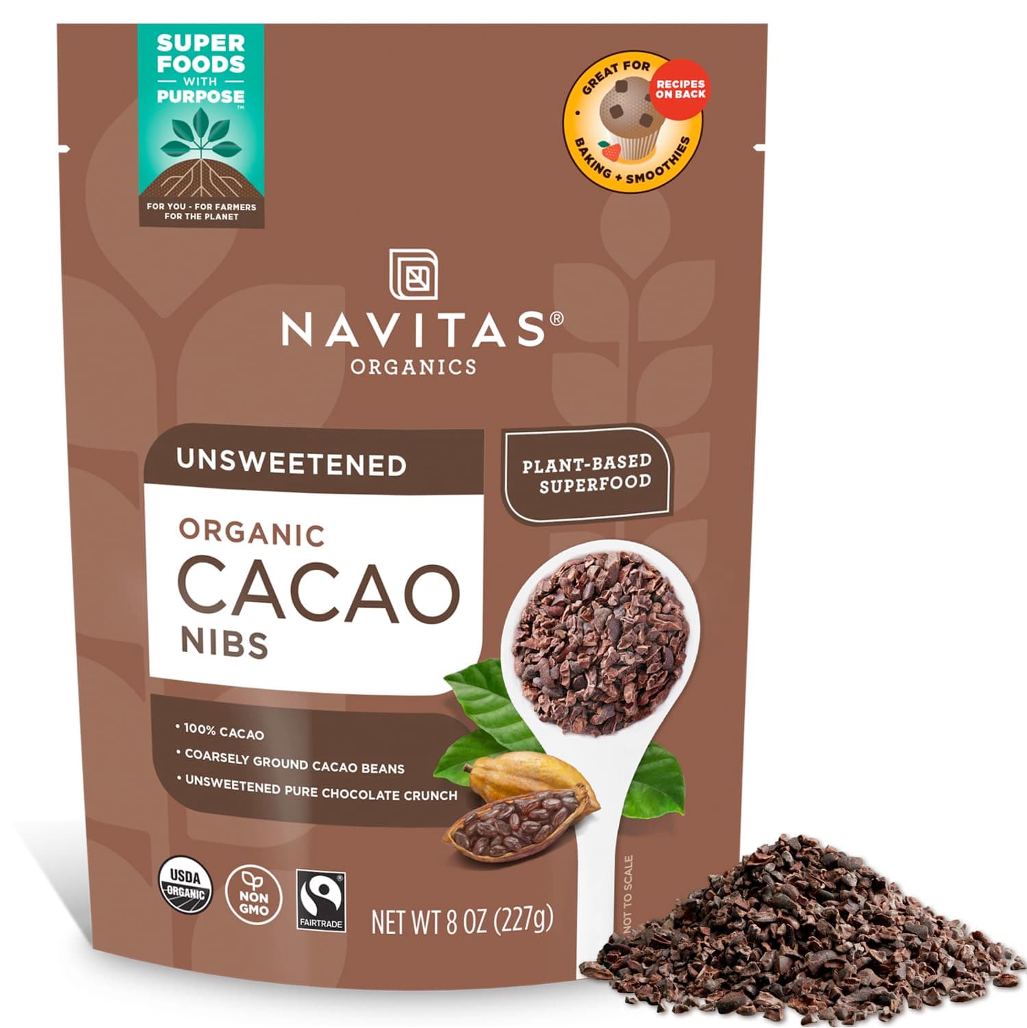 Navitas Organics Cacao Nibs, 8 oz. Bag — Organic, Non-GMO, Fair Trade, Gluten-Free