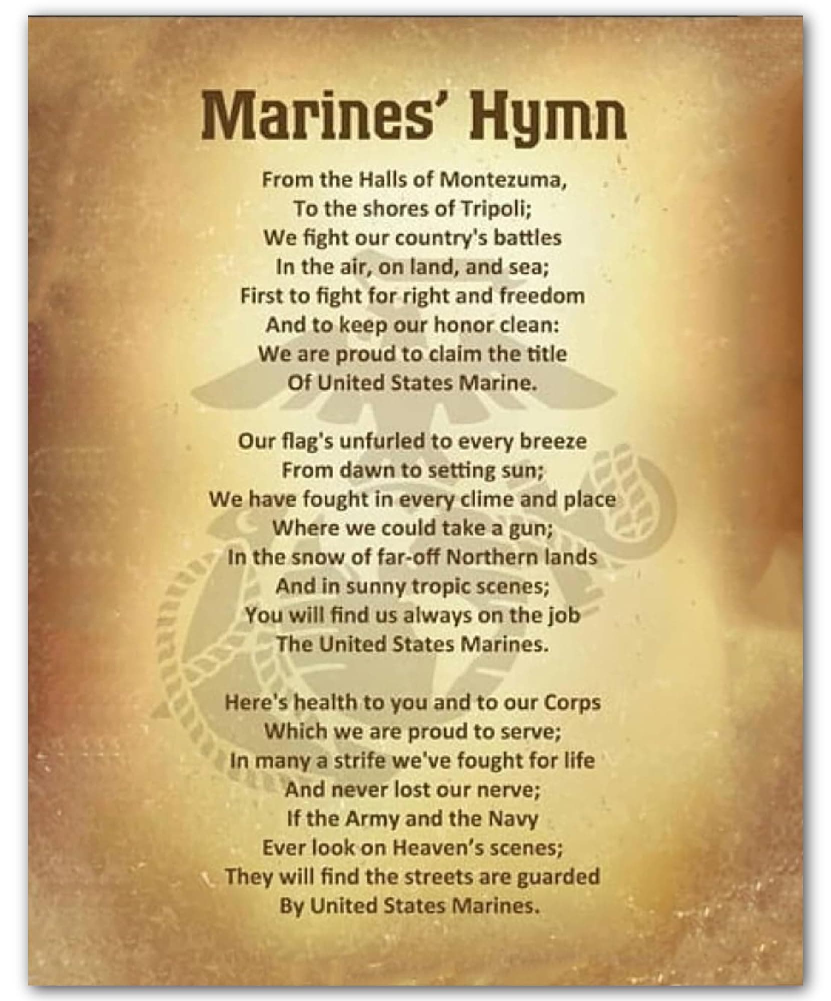 Marine Corps Hymn Song Lyrics Wall Art Print - Distressed Parchment Replica - Wall Art Poster Print for Music Room, Office, Studio and Military Decor (Unframed, 8 x 10 inches)