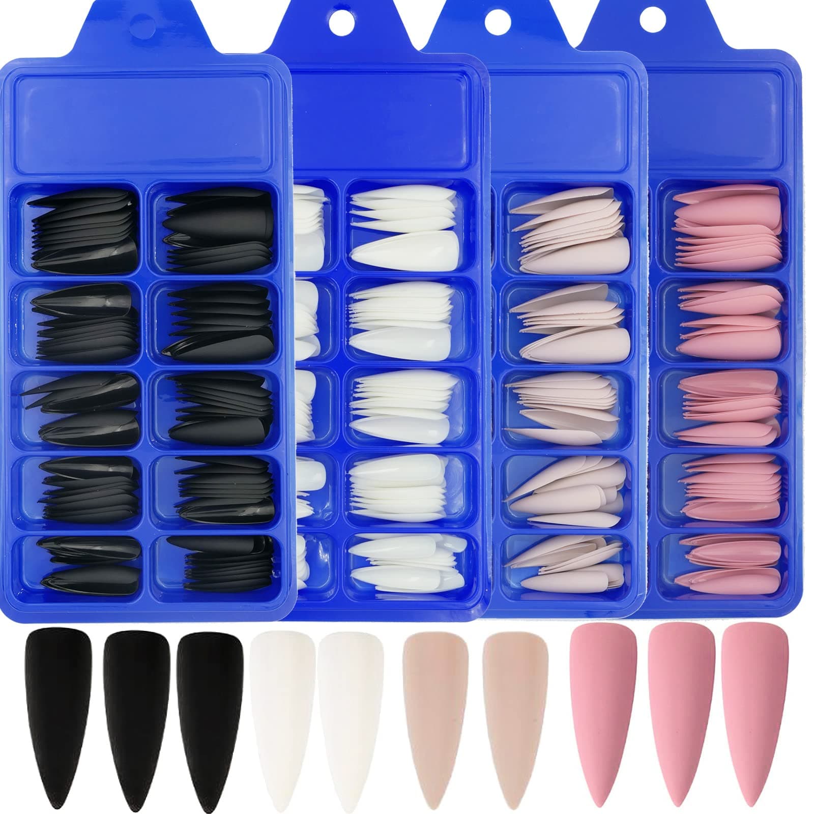 AddFavor 400pcs Stiletto Press on Nails Long Almond Matte Fake Nails Full Cover False Tips Artificial Finger Manicure for Women and Girls (Black White Pink Khaki)