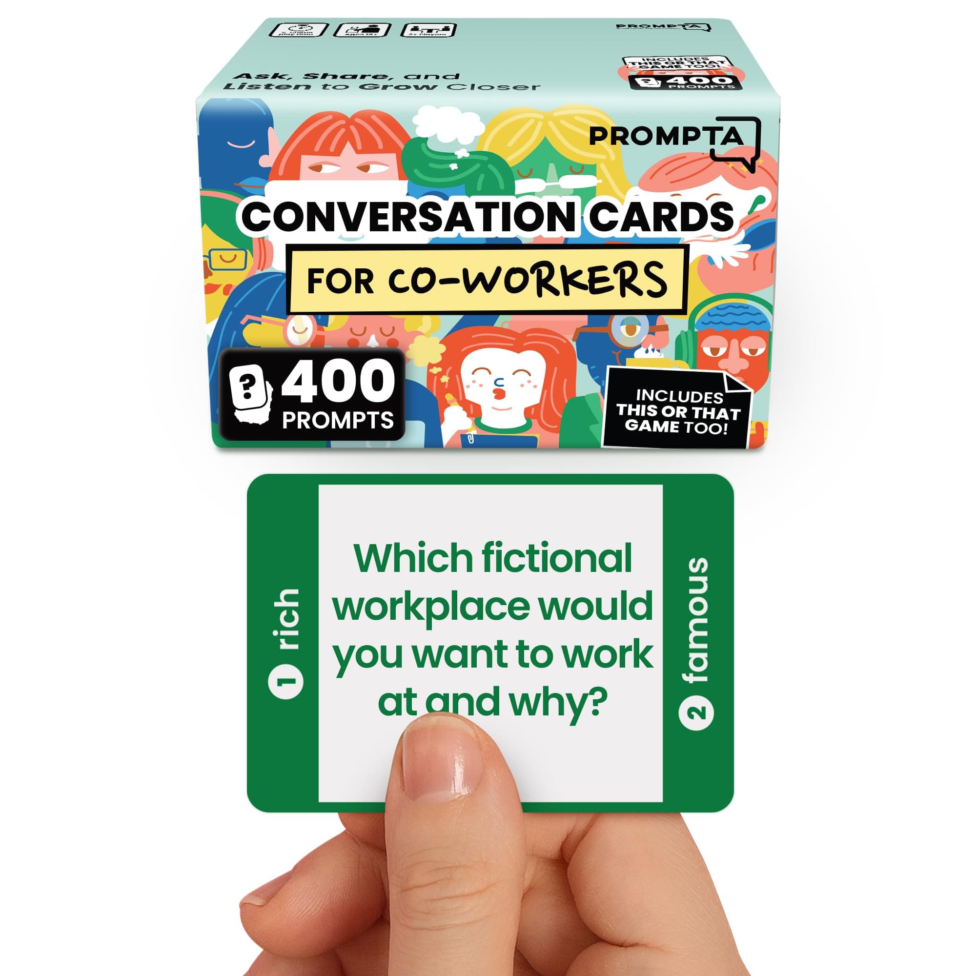 400 Conversation Cards for Coworkers – Fun Icebreaker Teambuilding 2-in-1 Game for Work – 2.5" x 1.75" Question Cards to Get to Know Your Colleagues and Improve Team Dynamics