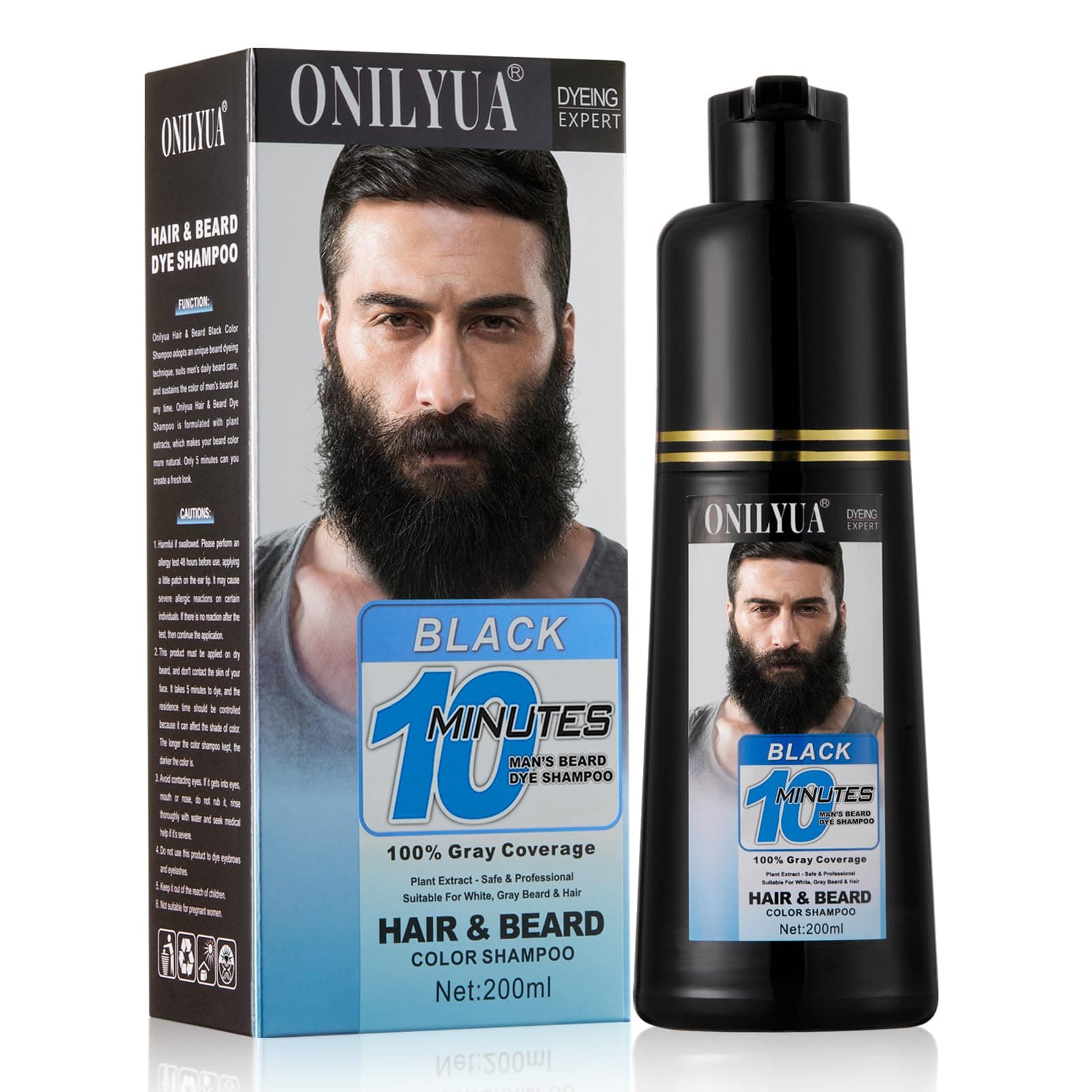 Men's 3 in 1 Black Beard Dye Shampoo, Simpler Color for Men's Beard & Mustaches, Long Lasting Gray Reducing 200 ml