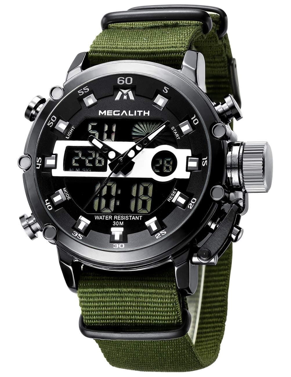 Watch for Man Military Digital: Analog Sports Waterproof Casual LED Dual Time Black Dial Quartz Date Wrist Watch Army Tactical Rugged Alarm Stopwatch Green Nylon Strap